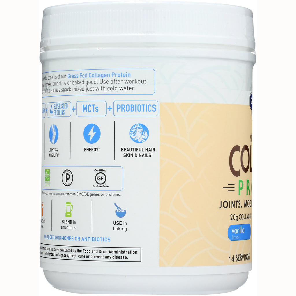 GLF310 | side infographic on vanilla collagen protein tub with icons for joints & mobility, energy, hair skin & nails, gluten-free badge - Thumbnail