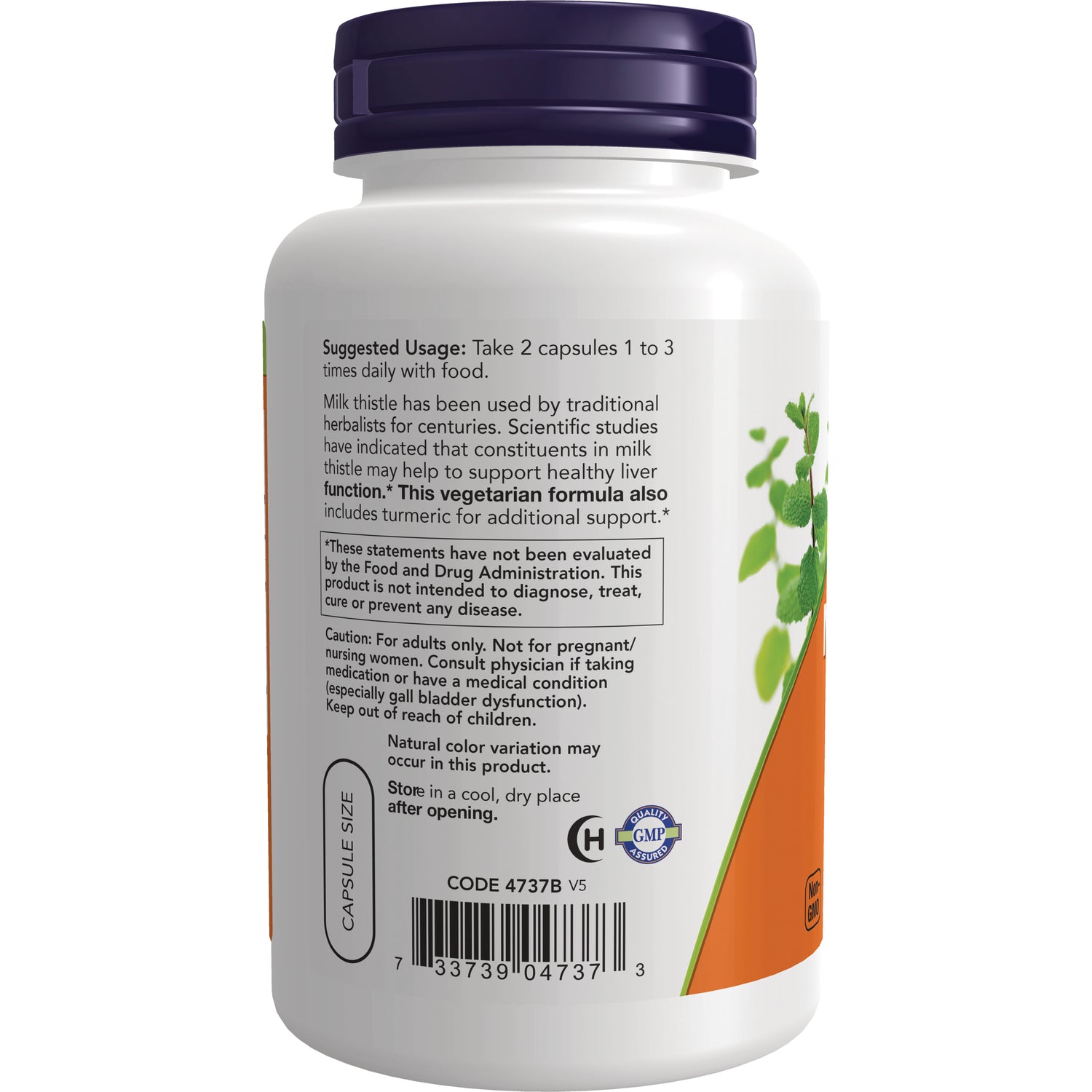 NWF1119 | Back of white supplement bottle showing suggested usage, warnings, barcode, and capsule size label