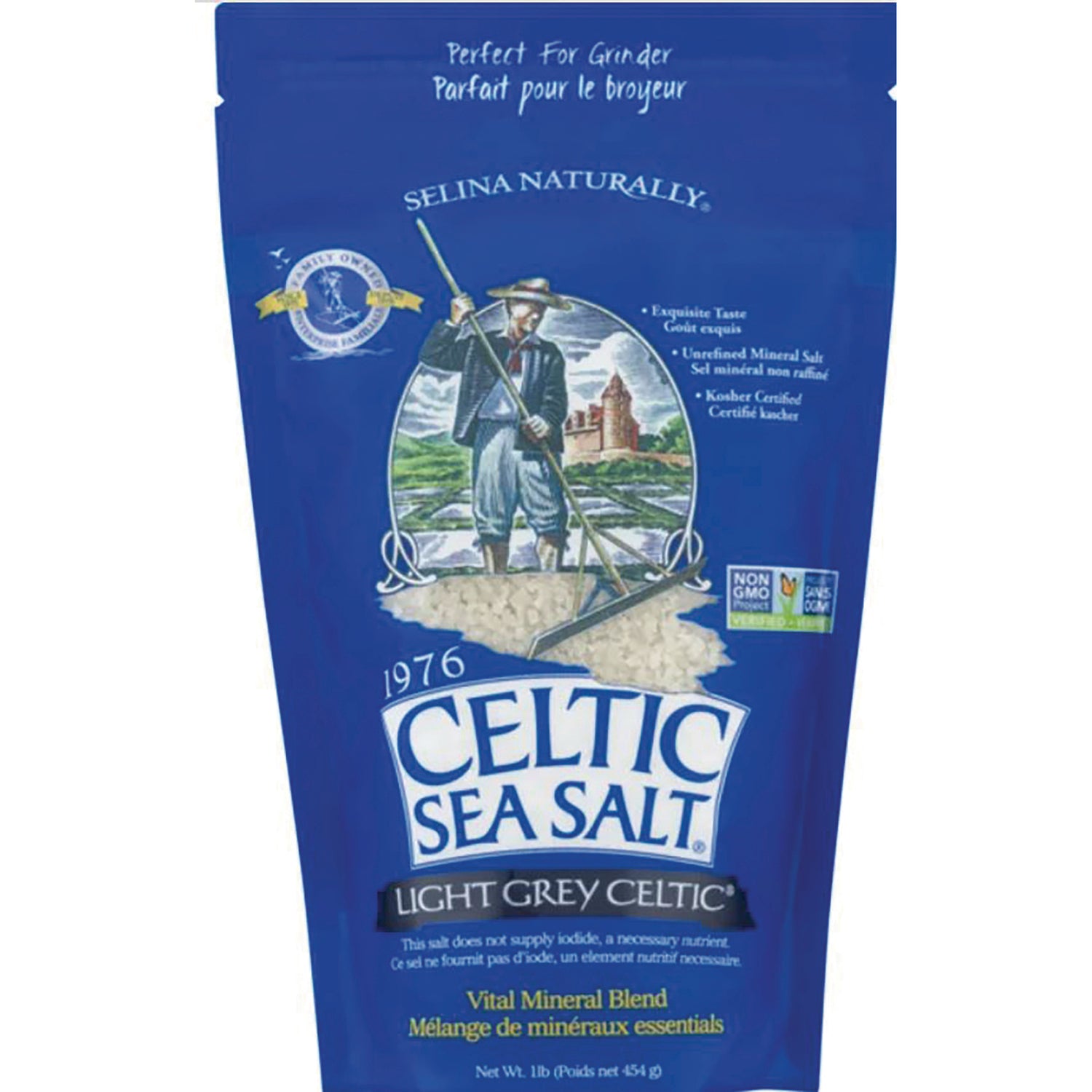 Blue pouch labeled CELTIC SEA SALT Light Grey Celtic with illustration of a man harvesting sea salt