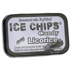 IC012 | rectangular tin of ICE CHIPS Candy Licorice labeled sweetened with Xylitol 50g