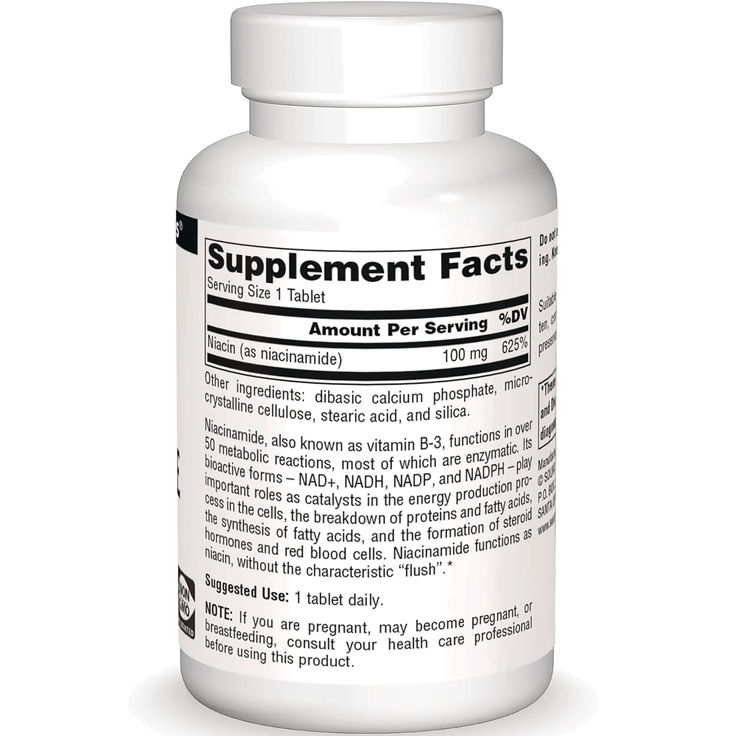 SN598 | Back label with Supplement Facts: serving size 1 tablet; Niacin (as niacinamide) 100 mg (625% DV)