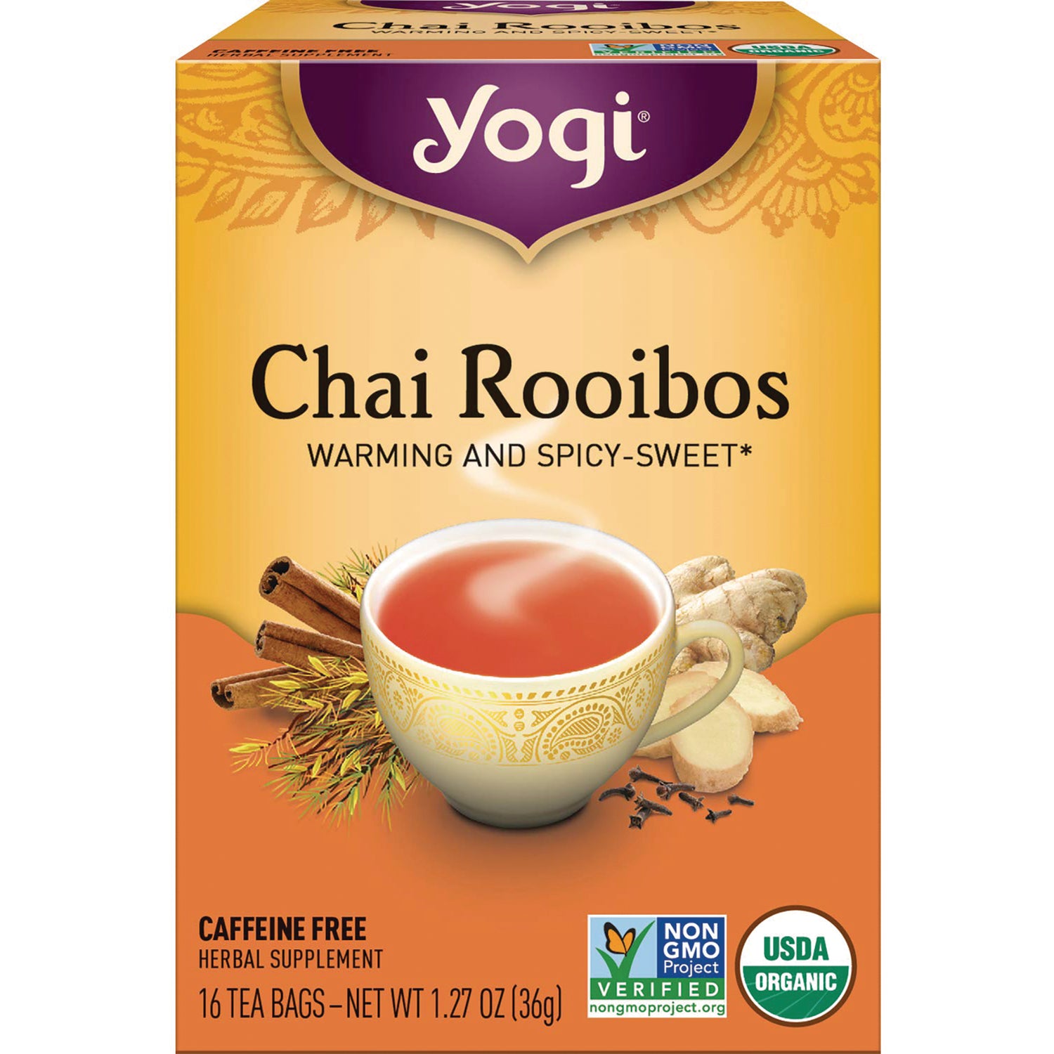 AHW022 | Yogi Chai Rooibos tea box showing cup of tea with cinnamon and ginger, 16 tea bags, USDA Organic