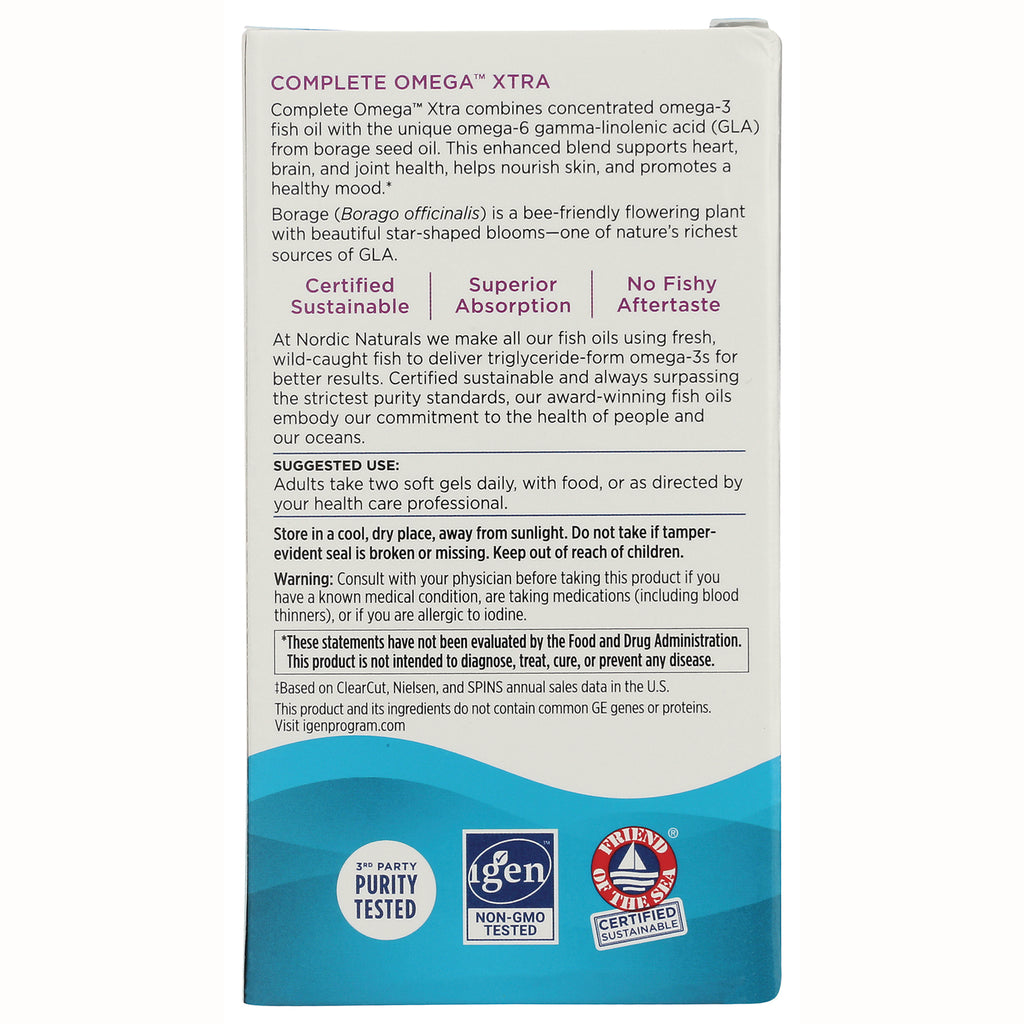 NRN066 | back panel of Complete Omega Xtra supplement box showing product description, suggested use, warnings, and certification logos - Thumbnail