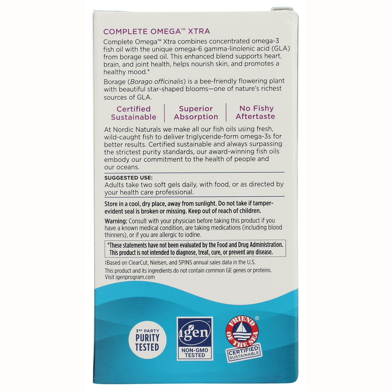 NRN066 | back panel of Complete Omega Xtra supplement box showing product description, suggested use, warnings, and certification logos