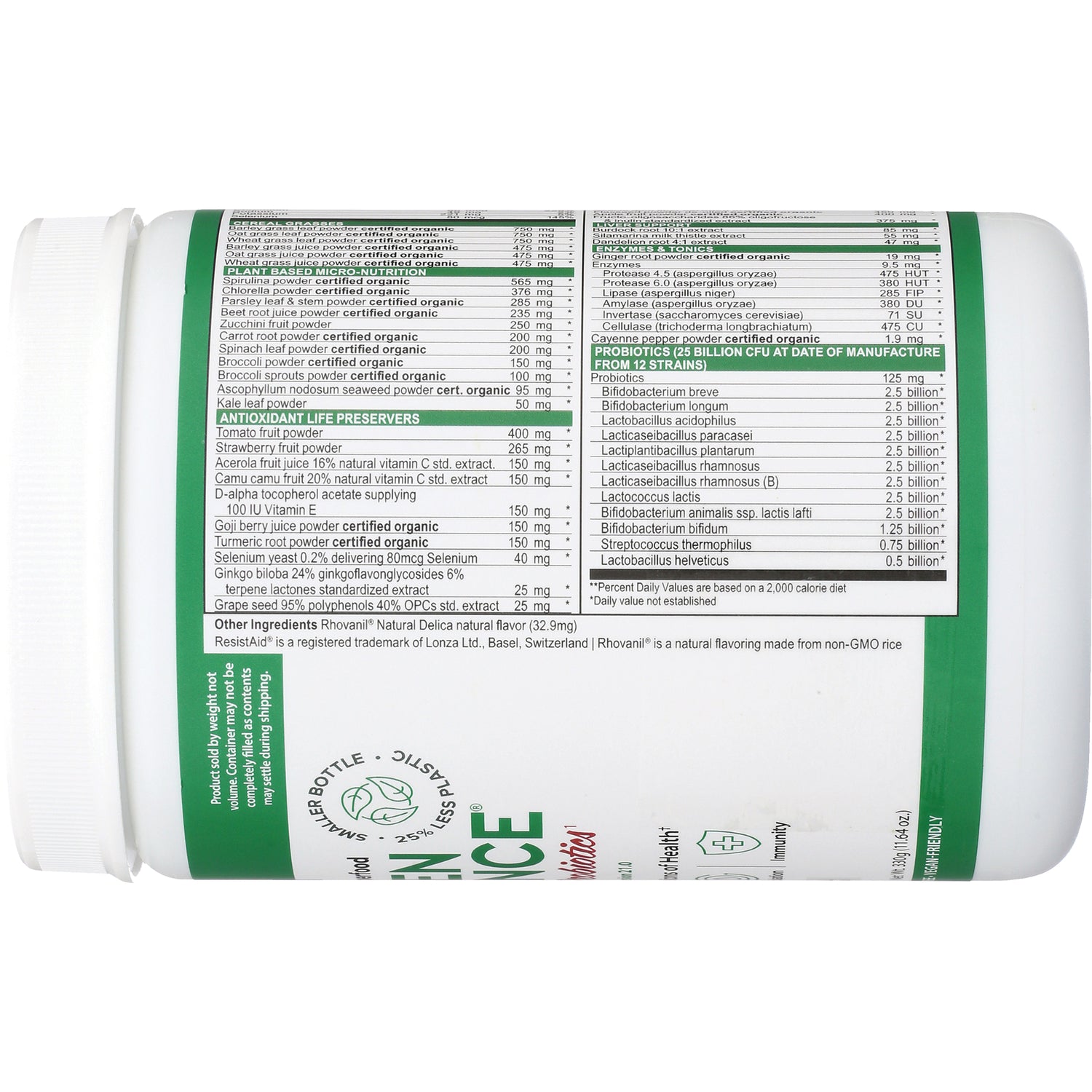 VH002 | Back label showing ingredients and probiotic blend amounts on white supplement tub