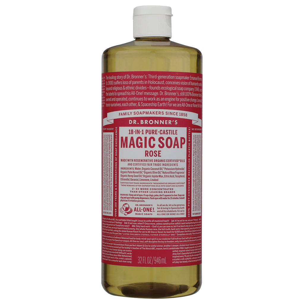 DRB027 | Dr. Bronner's 18-in-1 Hemp Rose Pure-Castile Soap bottle front label, 32 fl oz - Thumbnail