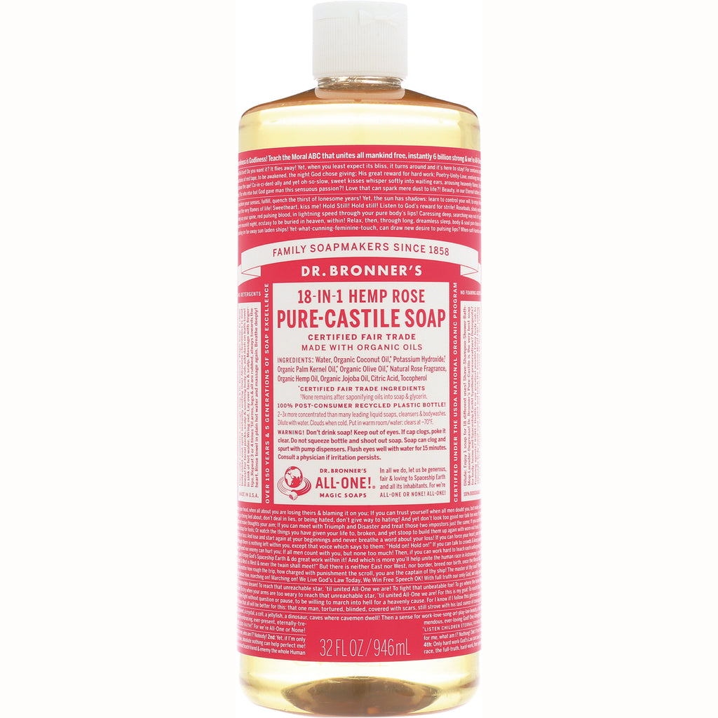 DRB027 | Dr. Bronner's 18-in-1 Hemp Rose Pure-Castile Soap bottle front label, 32 fl oz - Thumbnail