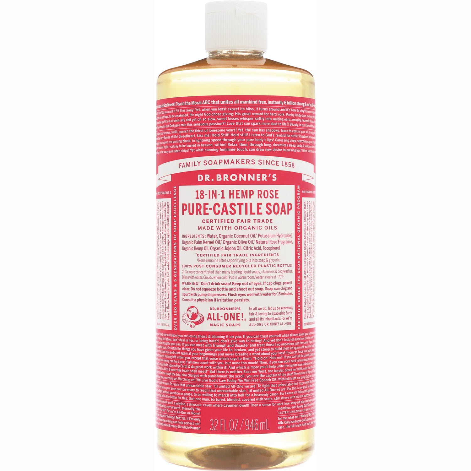 DRB027 | Dr. Bronner's 18-in-1 Hemp Rose Pure-Castile Soap bottle front label, 32 fl oz