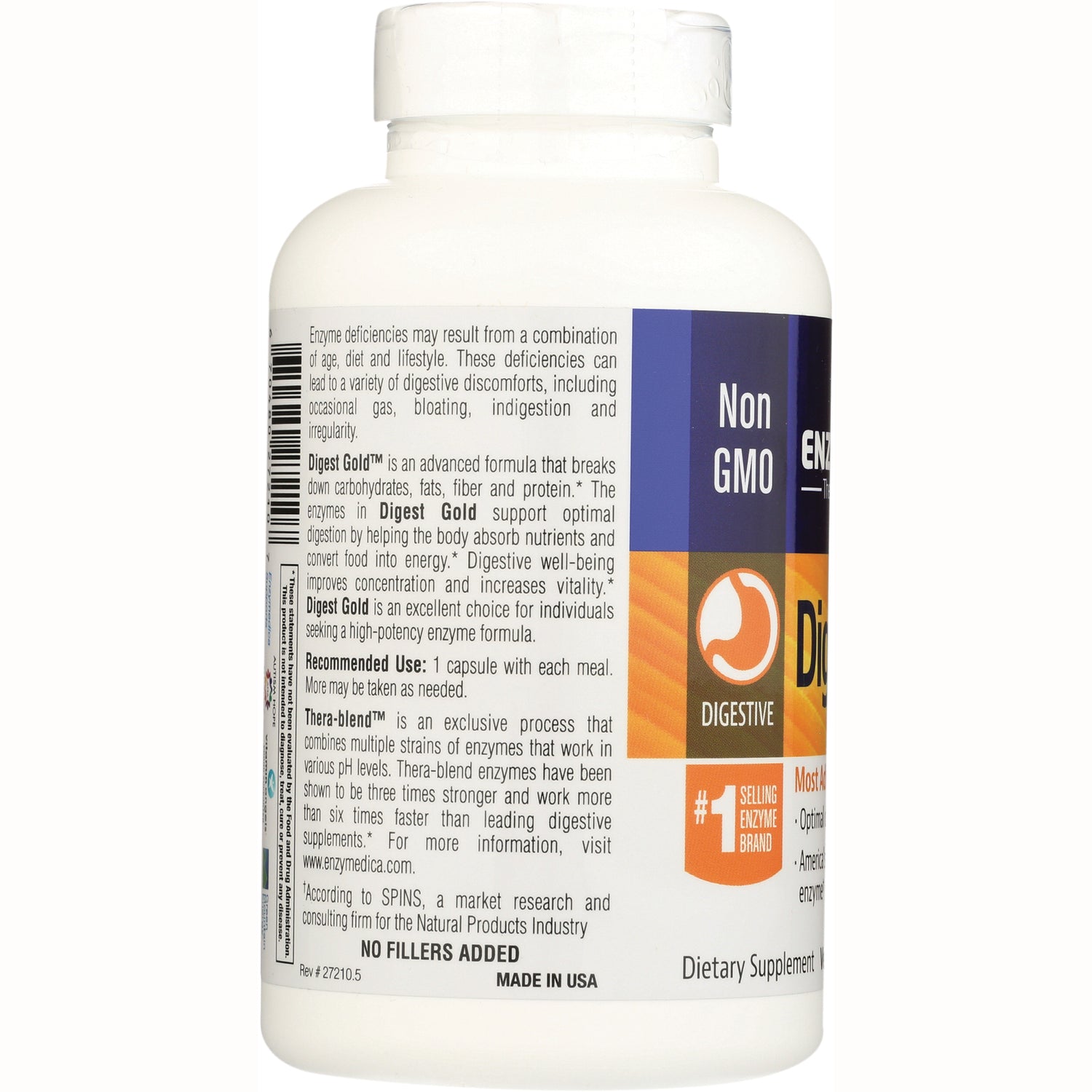 EMD047 | back label of digestive supplement bottle showing usage directions, Non GMO badge and Digestive icon