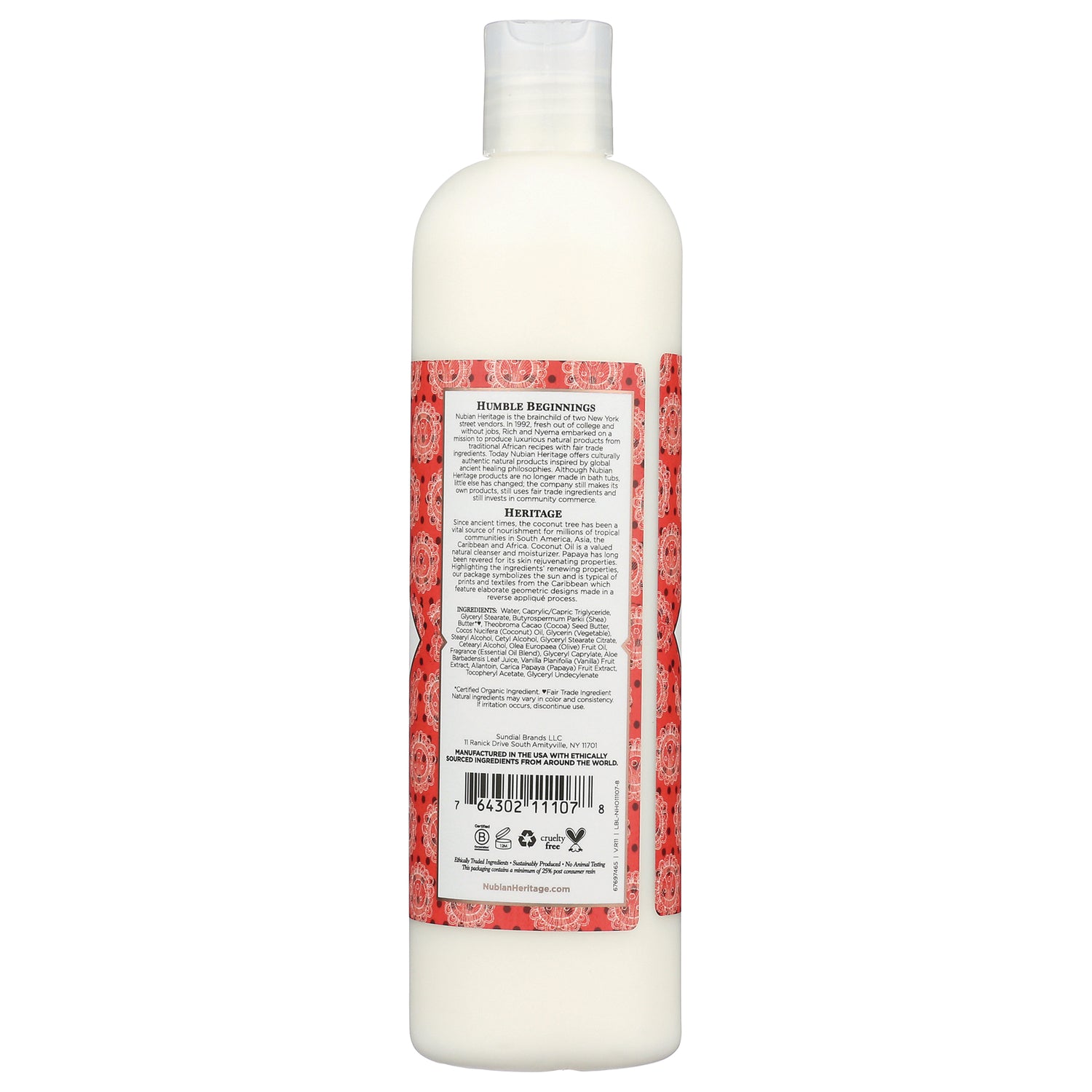 NBH050 | back of white bottle with red patterned label showing ingredients text and barcode