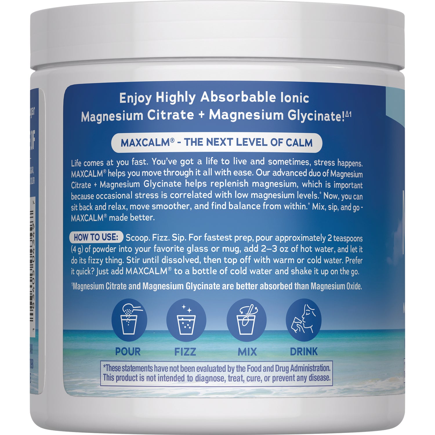 NVT052 | Back of white supplement jar showing recommended use, directions, and warning text on blue label