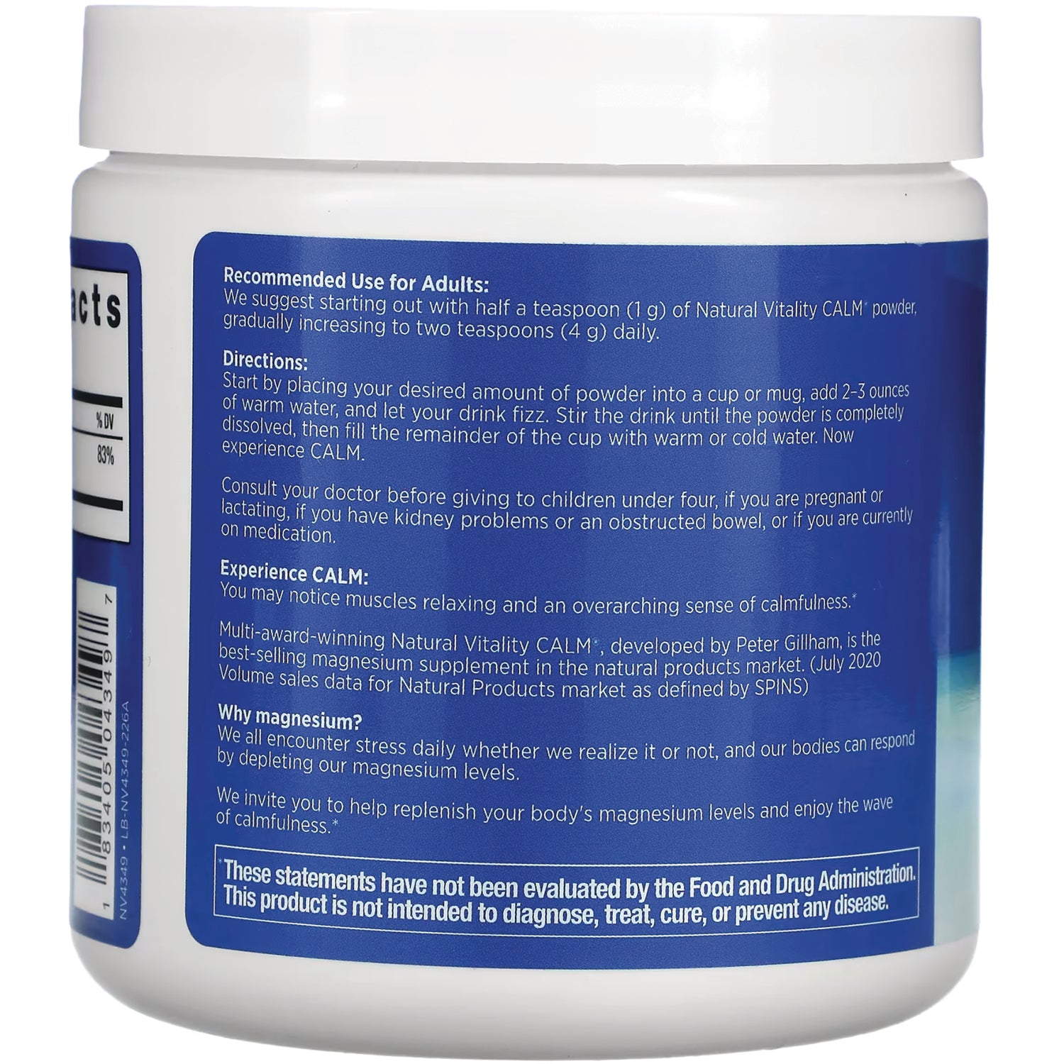 NVT052 | Back of white supplement jar showing recommended use, directions, and warning text on blue label