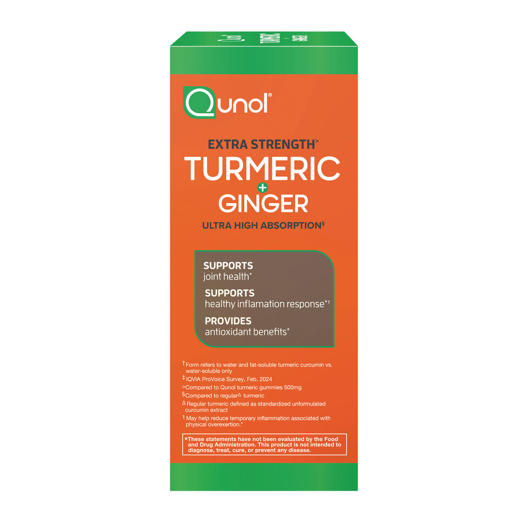 QNL018 | Qunol Extra Strength Turmeric + Ginger box front with supports and ultra high absorption claims - Thumbnail