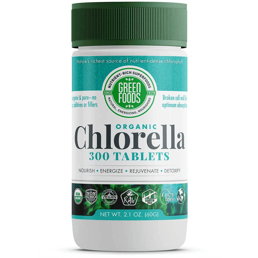 GM034 | Green Foods organic Chlorella 300 tablets white bottle with green lid and label - Thumbnail