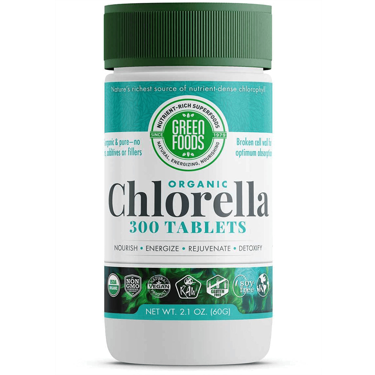 GM034 | Green Foods organic Chlorella 300 tablets white bottle with green lid and label