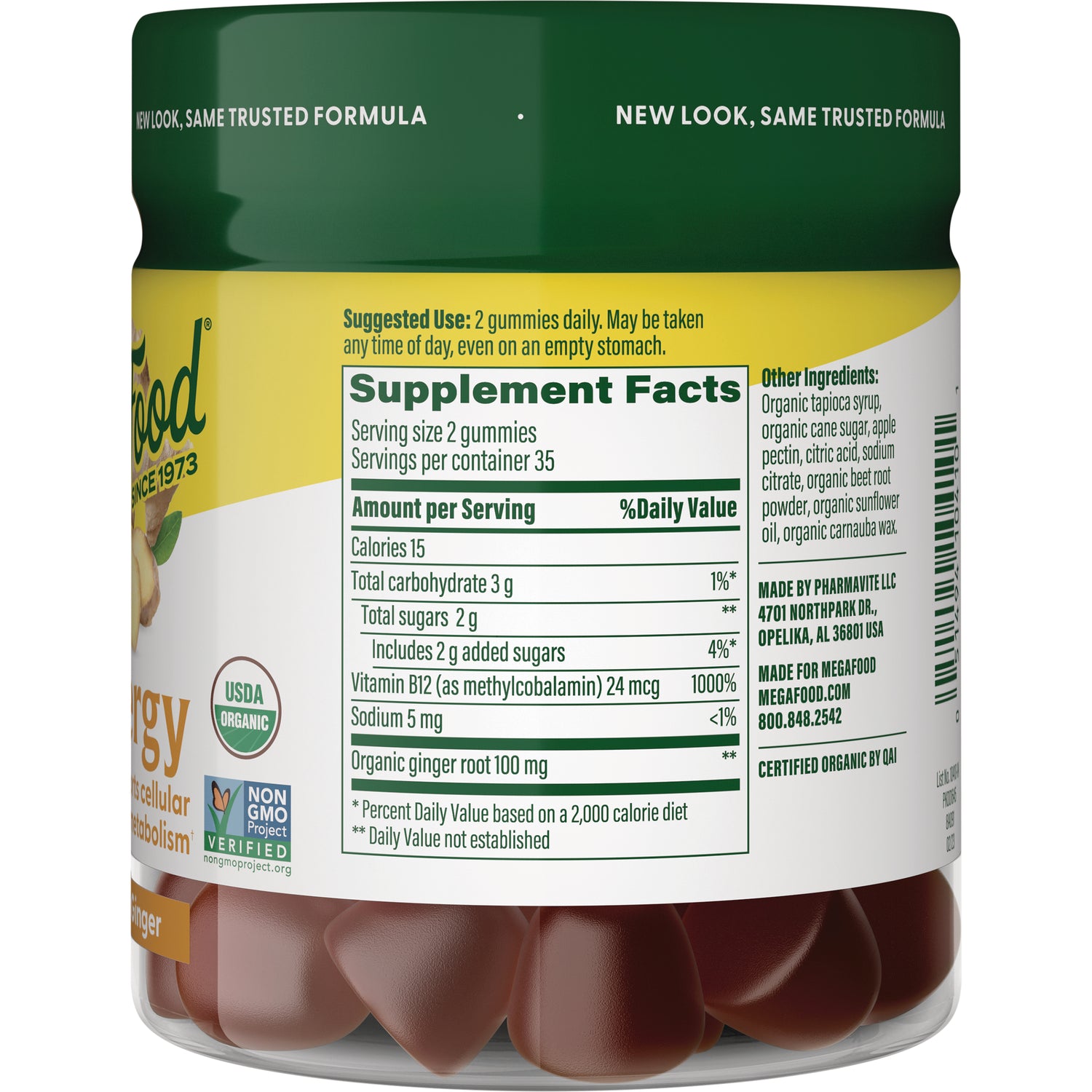 MGF105 | Back of supplement jar showing Supplement Facts panel, ingredients, serving size, and brown gummy vitamins visible