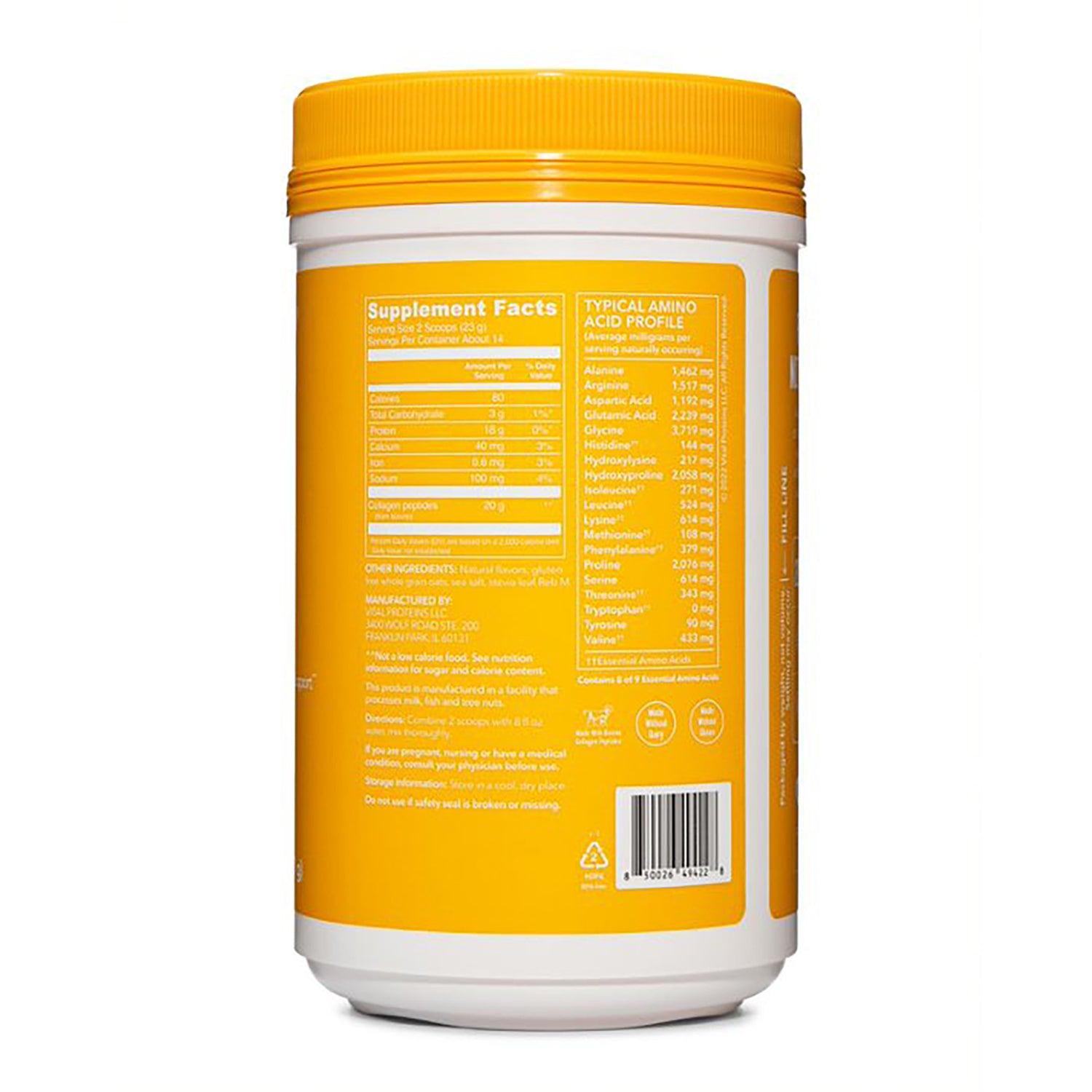 VPR053 | Back of yellow supplement tub with Supplement Facts and Typical Amino Acid Profile panels