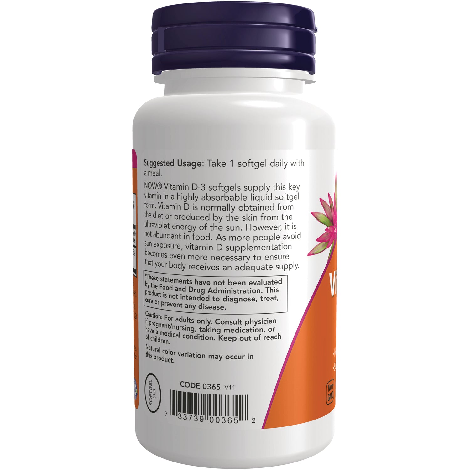 NWF107 | back label of white vitamin D softgel bottle showing suggested usage, warnings and barcode