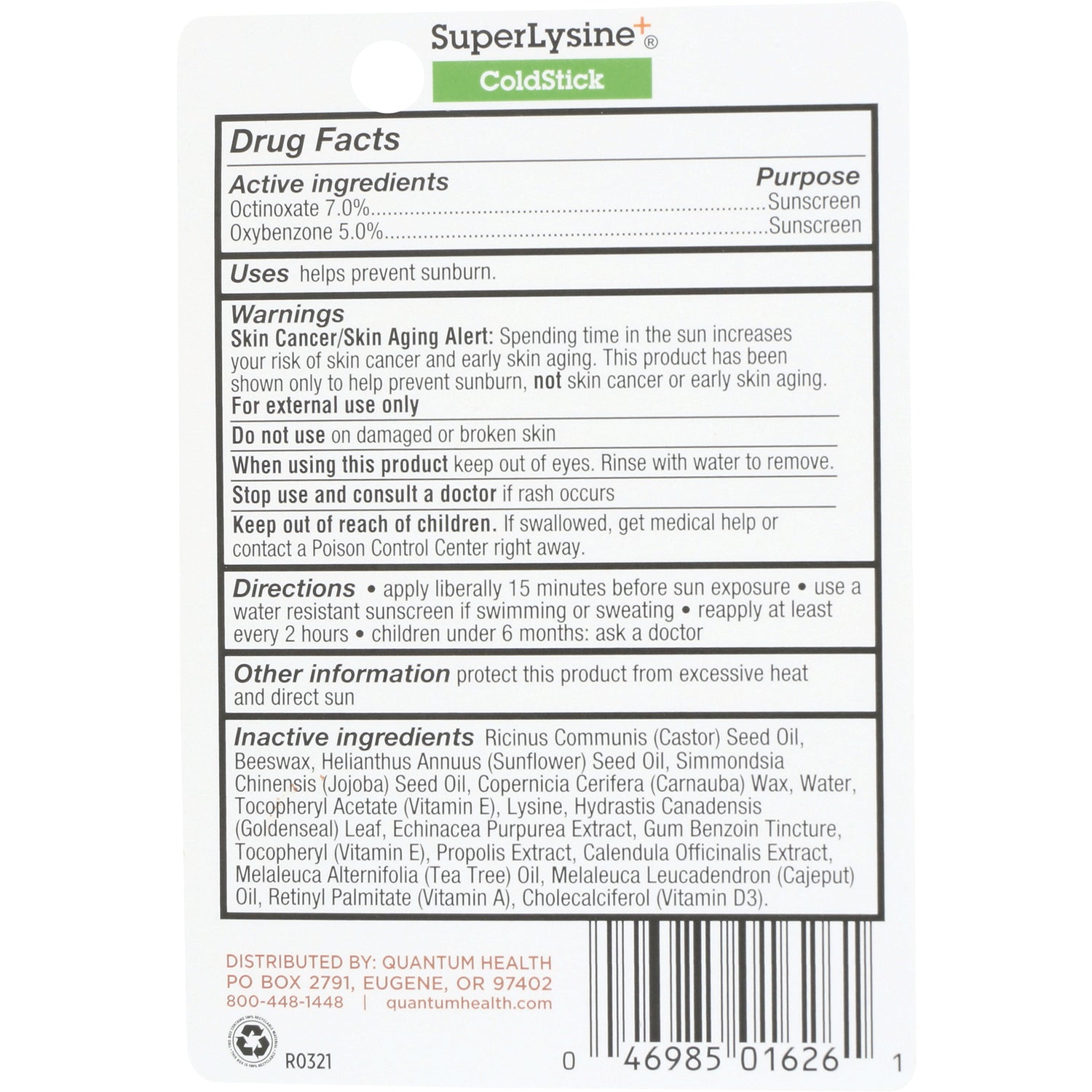 QU030 | SuperLysine ColdStick back panel showing Drug Facts, directions, inactive ingredients and barcode