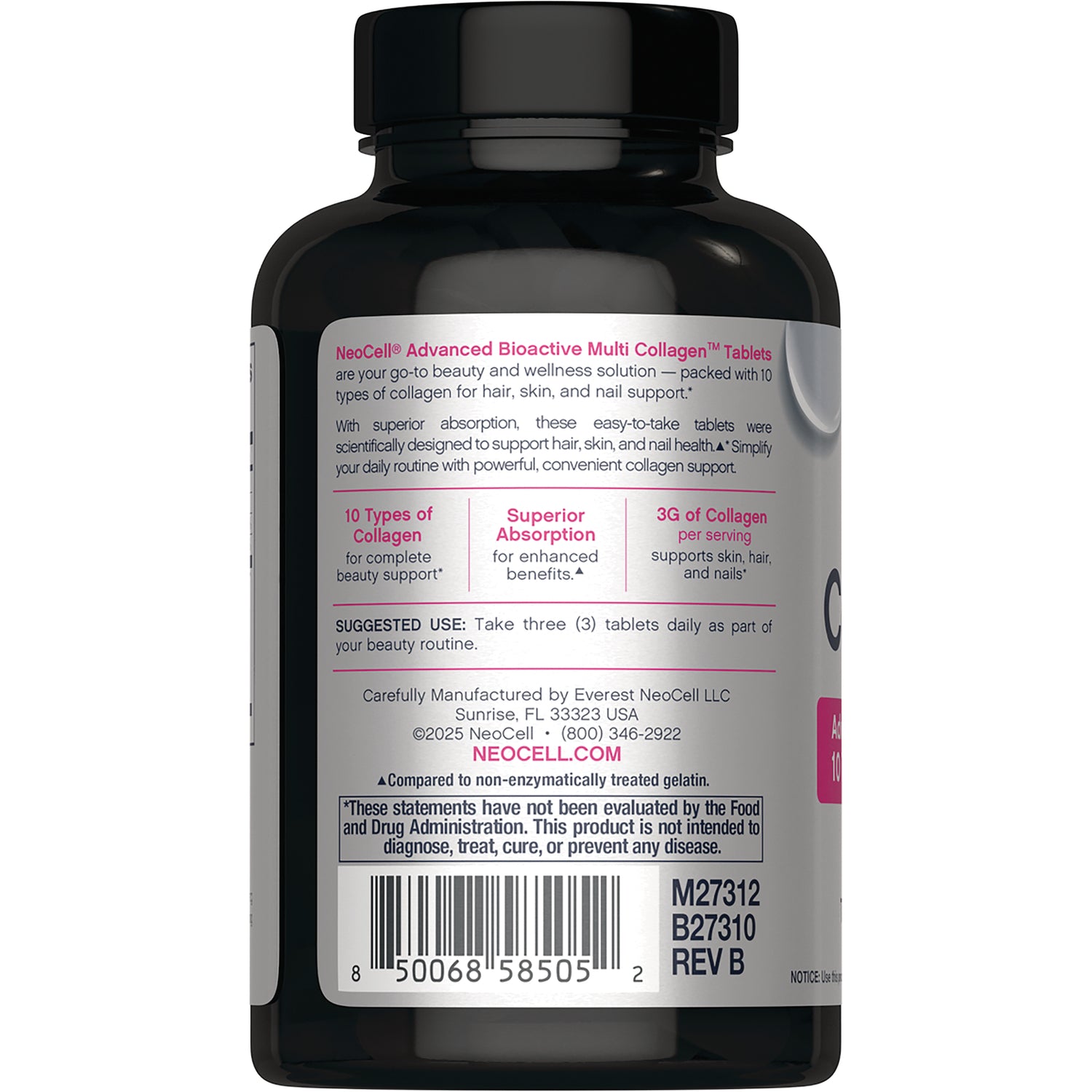 NEC047 | back label of NeoCell collagen tablets showing barcode, suggested use, and manufacturer info