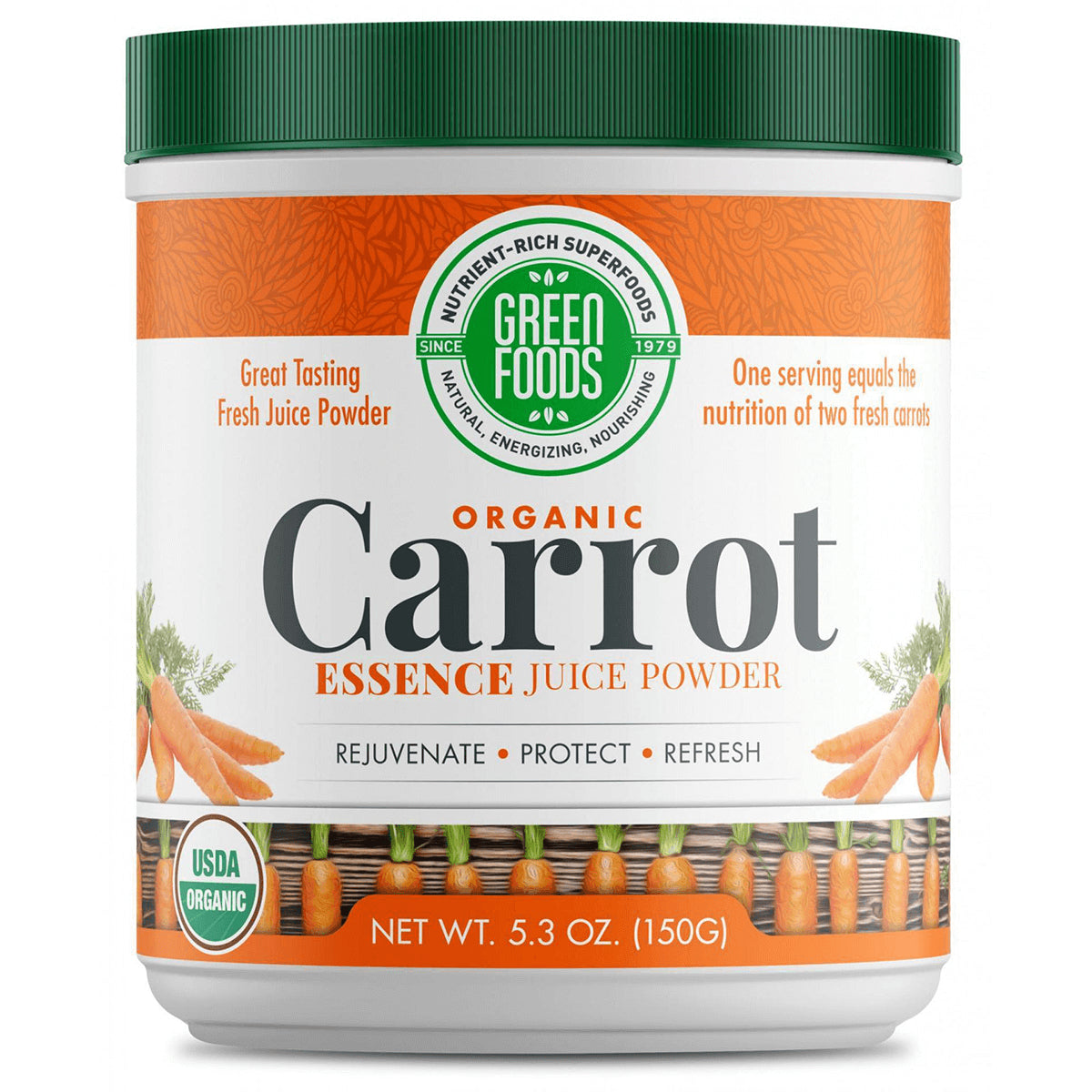 GM051 | Green Foods Organic Carrot Essence juice powder container, front label with USDA Organic and NET WT 5.3 OZ