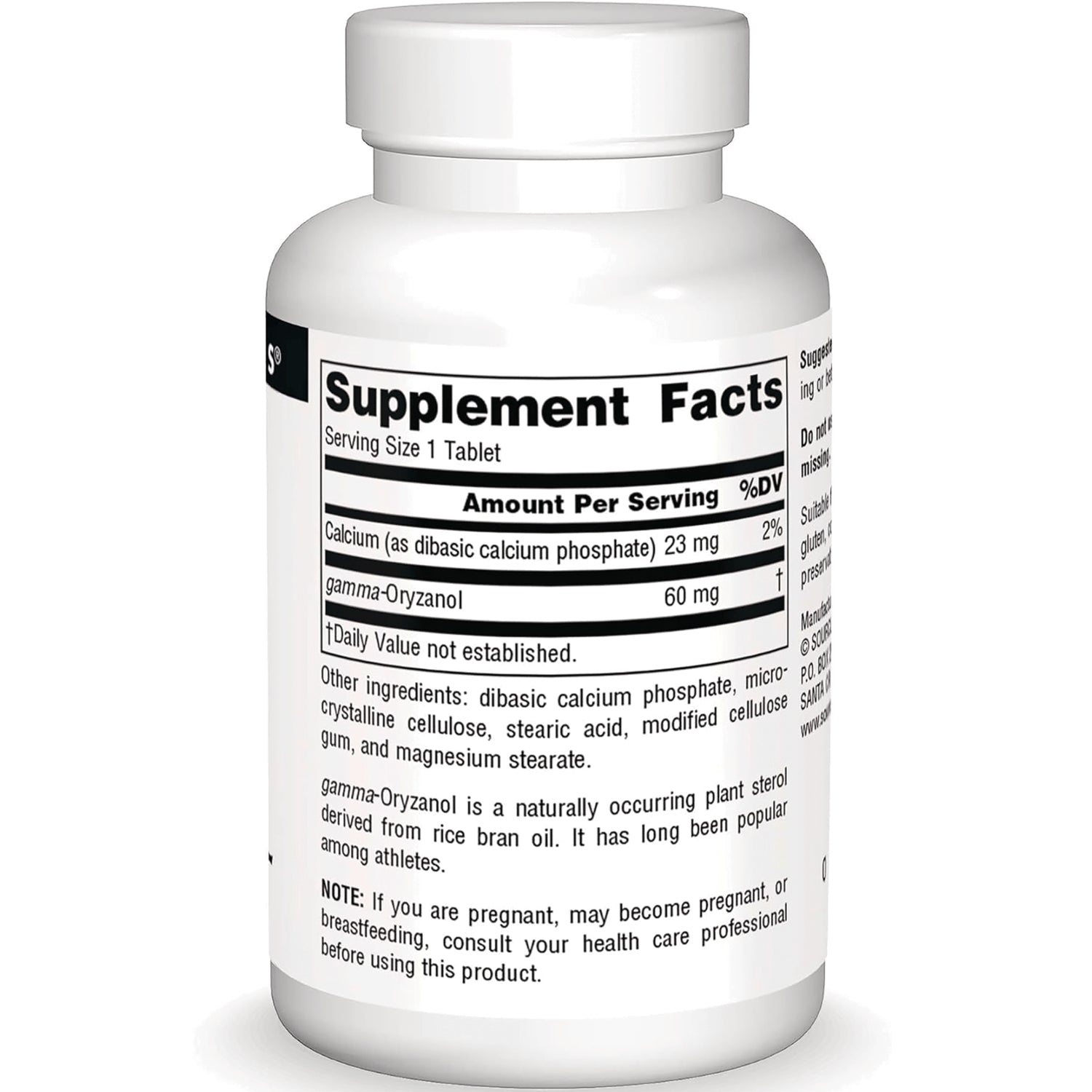 SN293 | Back label with Supplement Facts, serving size 1 tablet, and ingredients for gamma-Oryzanol