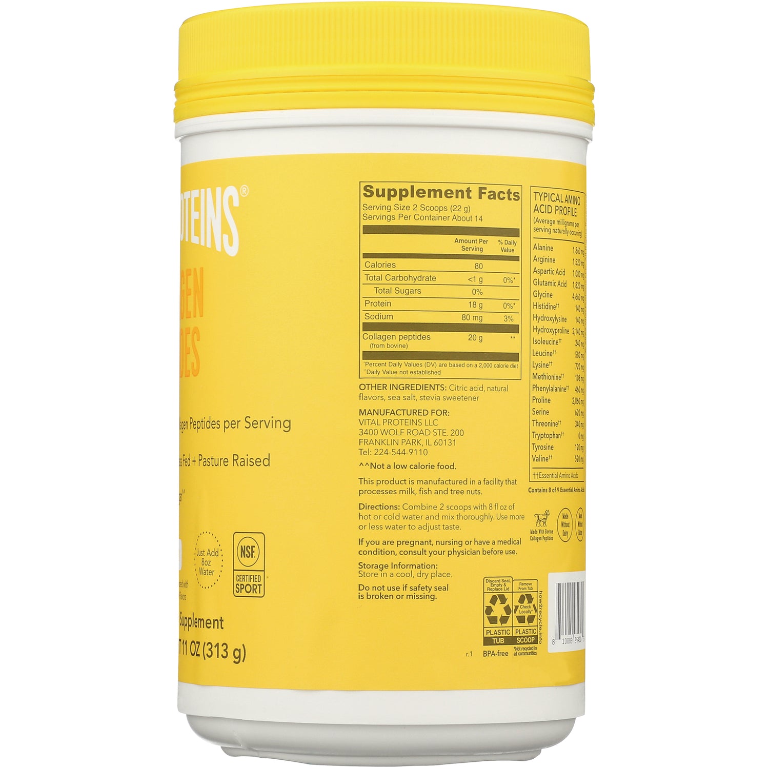 VPR054 | Supplement Facts panel on yellow Vital Proteins Collagen Peptides tub