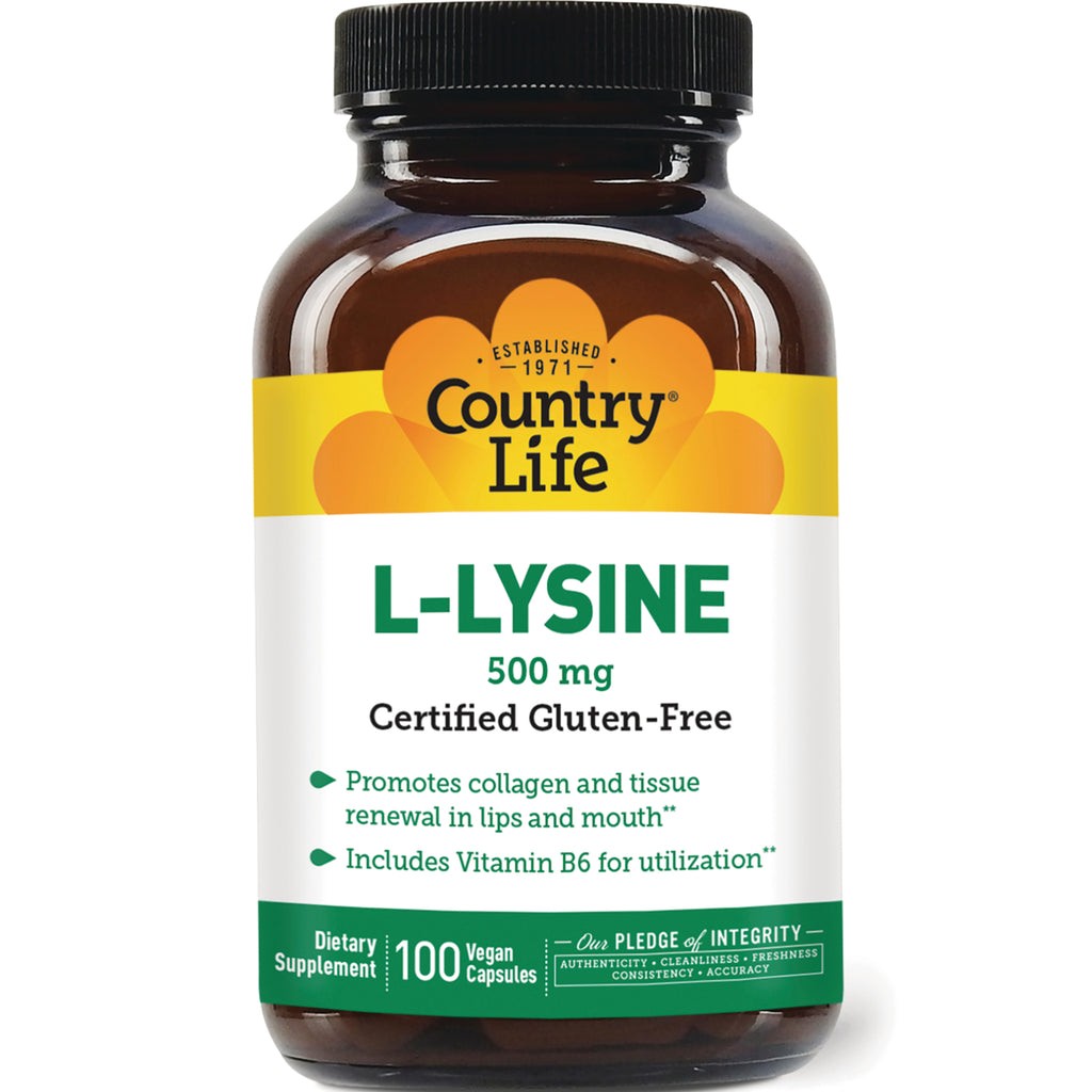 CRL079 | Country Life L-LYSINE 500 mg bottle, certified gluten-free, 100 vegan capsules - Thumbnail