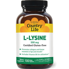 CRL079 | Country Life L-LYSINE 500 mg bottle, certified gluten-free, 100 vegan capsules