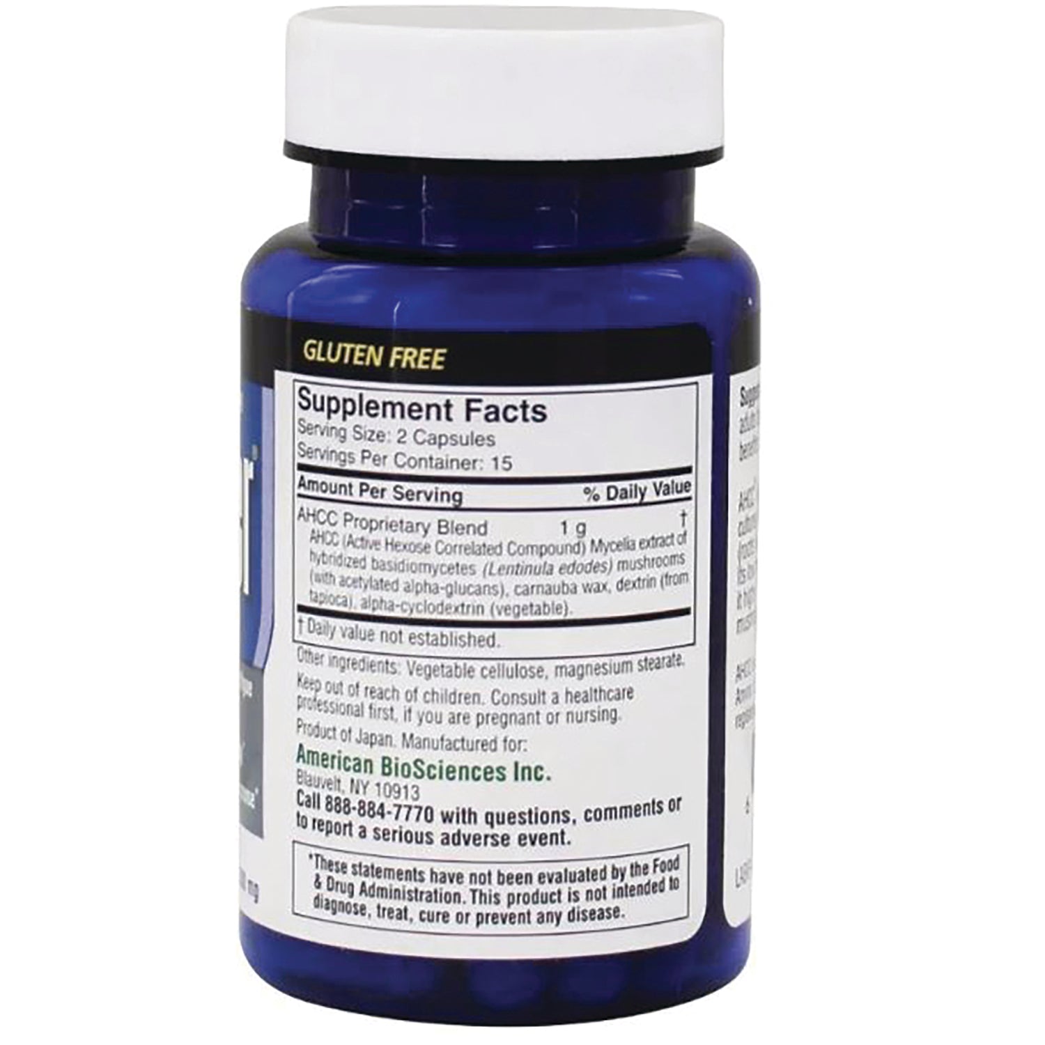 AMB003 | Back of blue supplement bottle showing Supplement Facts label saying \