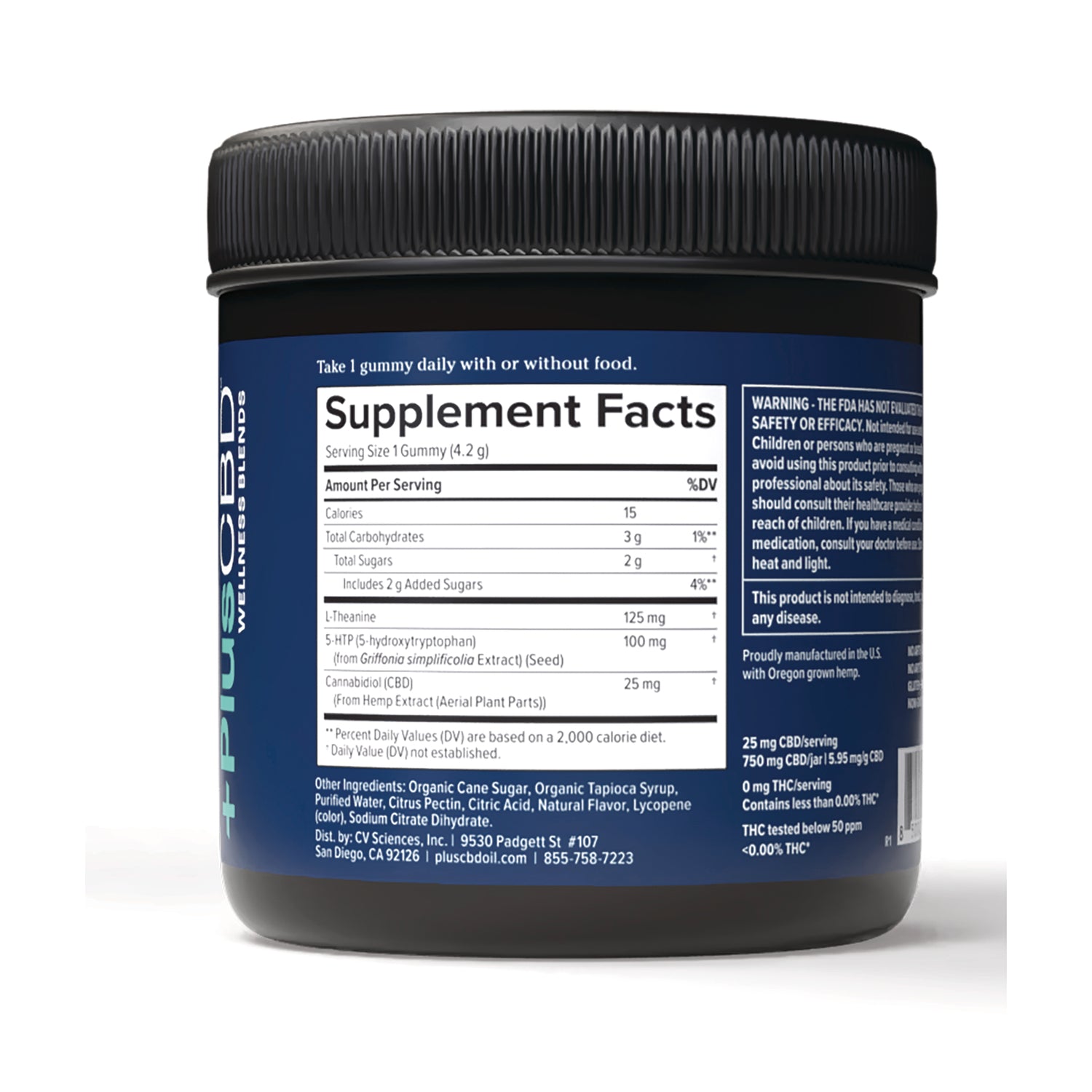 CV056 | Back of blue supplement jar showing Supplement Facts panel, ingredients and warning text