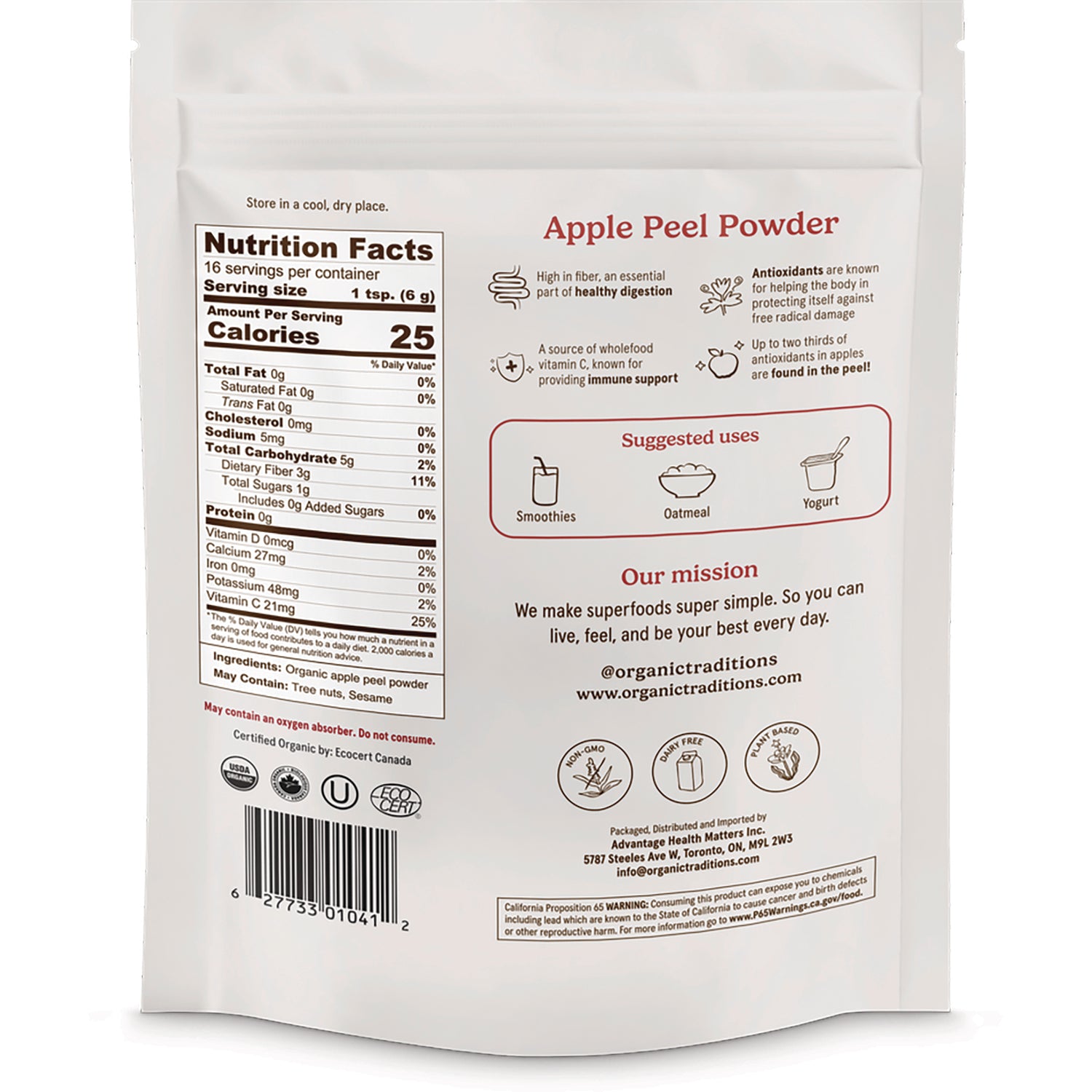 OTR065 | Back of Apple Peel Powder pouch showing Nutrition Facts panel, suggested uses and mission text