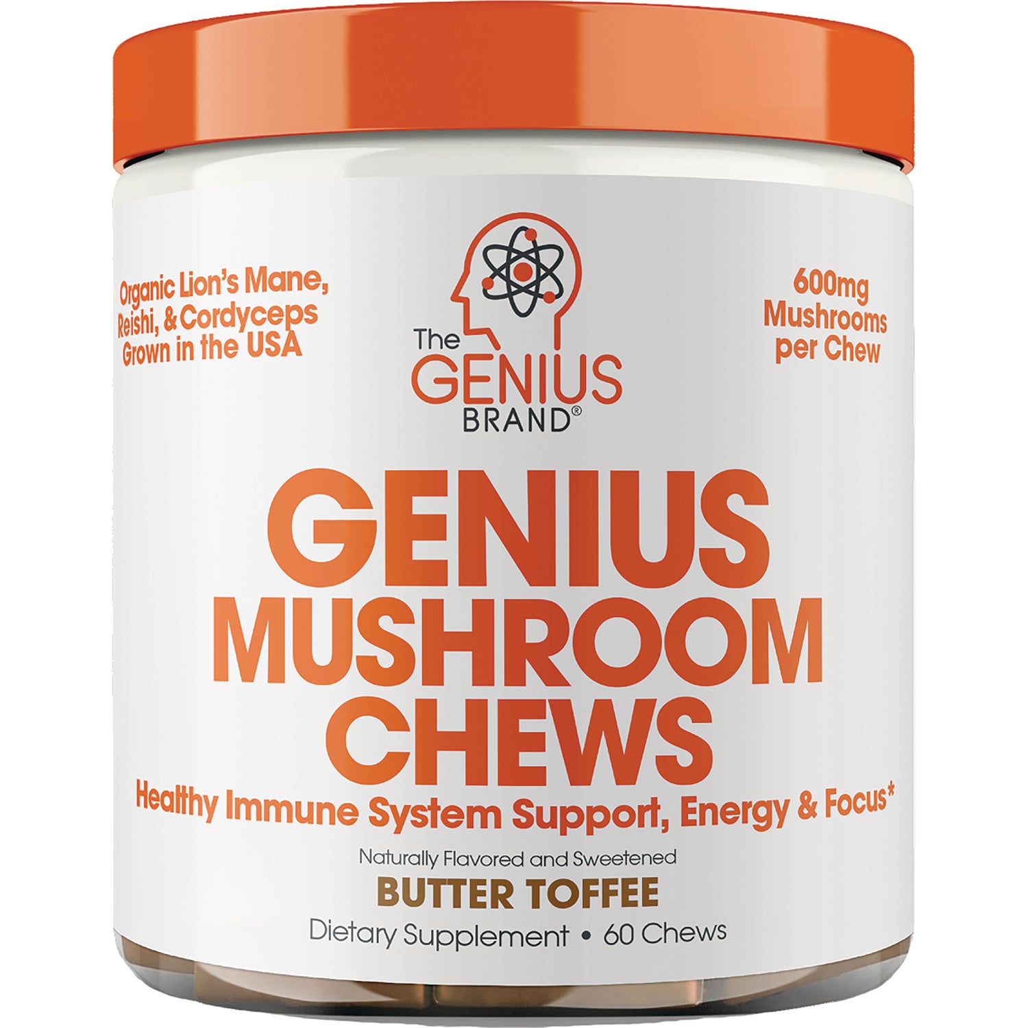 GBR002 | Genius Mushroom Chews butter toffee jar front label showing 60 chews and 600mg mushrooms per chew