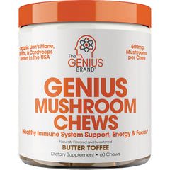 GBR002 | Genius Mushroom Chews butter toffee jar front label showing 60 chews and 600mg mushrooms per chew