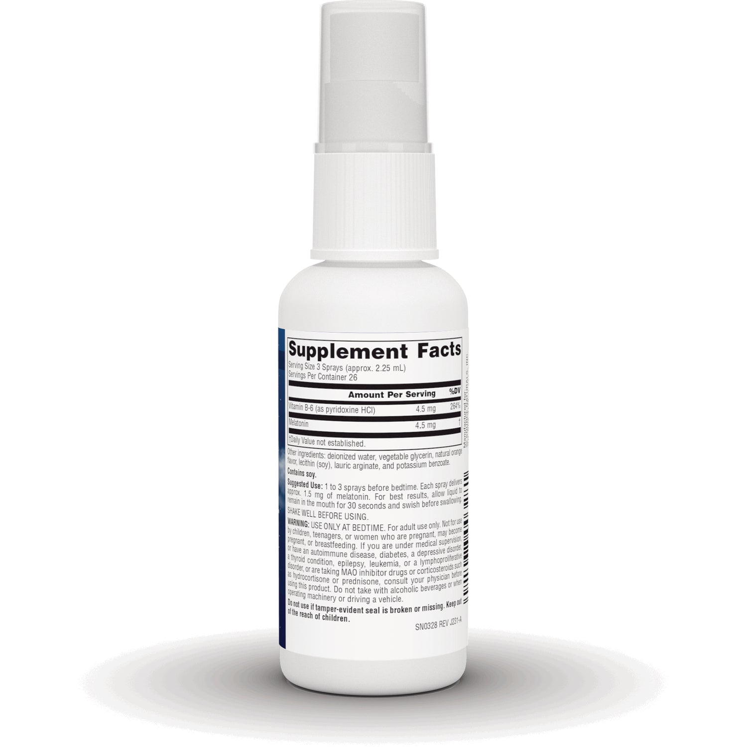 SN184 | Back label showing Supplement Facts panel on spray bottle