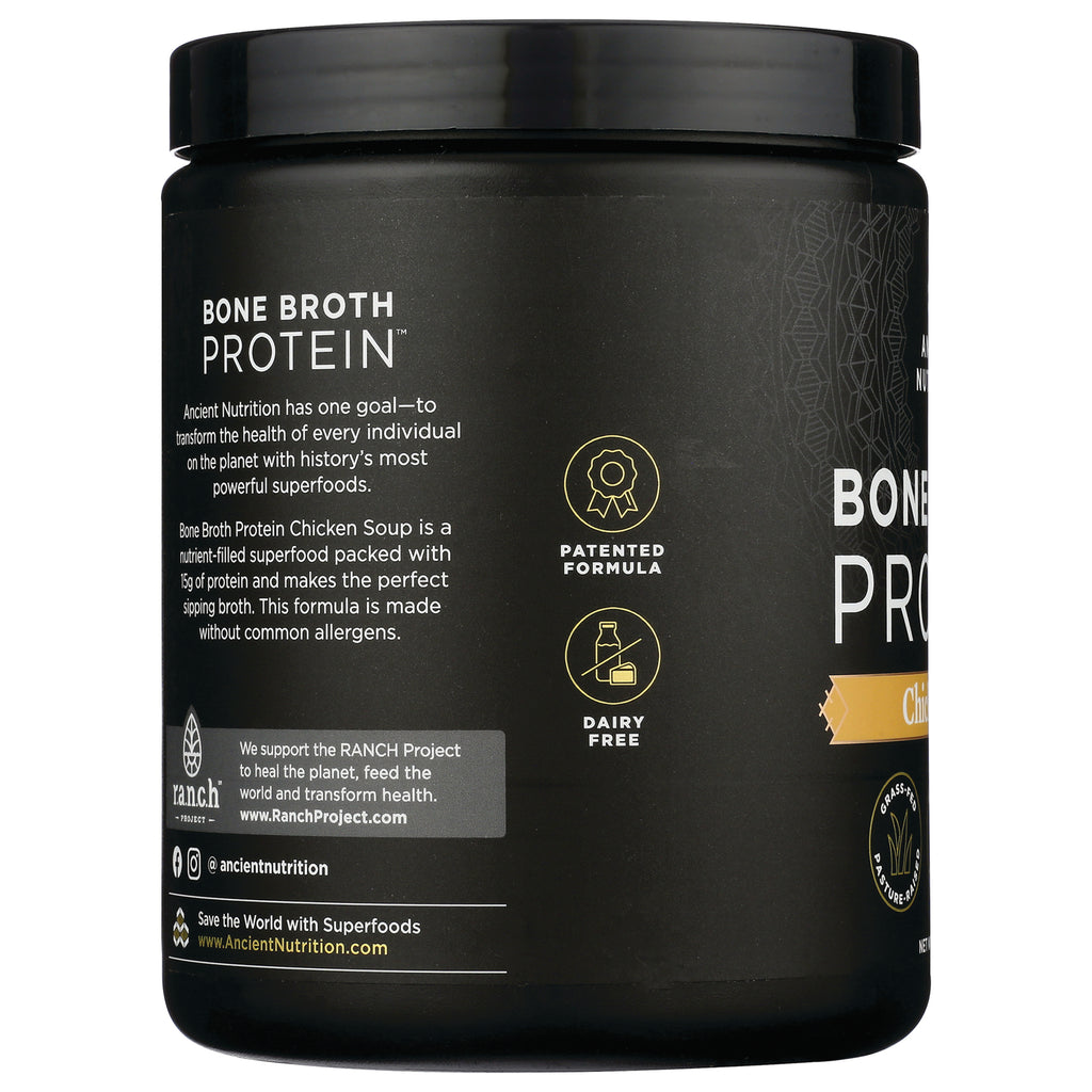 ATN095 | black Bone Broth Protein tub label showing Bone Broth Protein title, patented formula and dairy free icons - Thumbnail