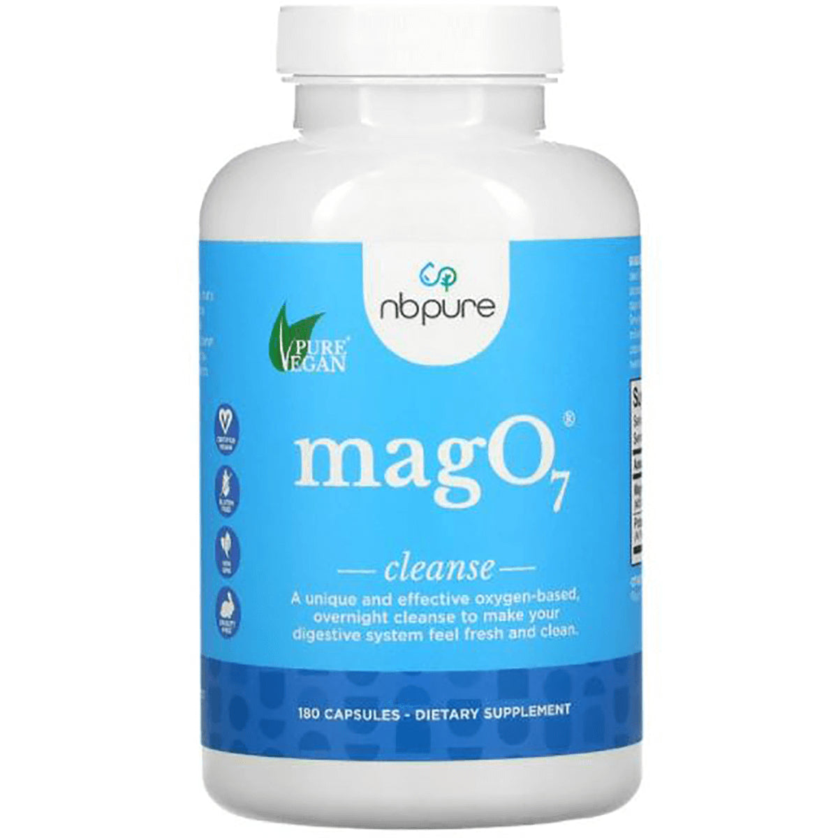 ARL007 | White supplement bottle with blue label reading magO7 cleanse and nbpure logo, 180 capsules dietary supplement