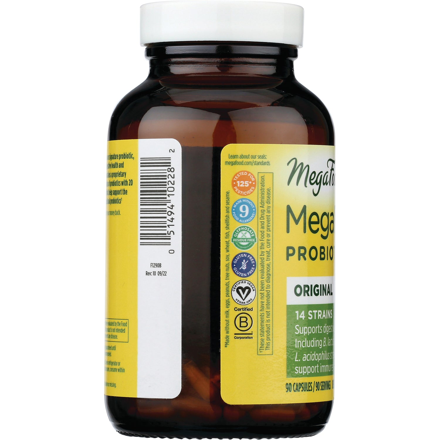 MGF004 | side label with badges and certifications reading ORIGINAL 14 STRAINS 90 CAPSULES