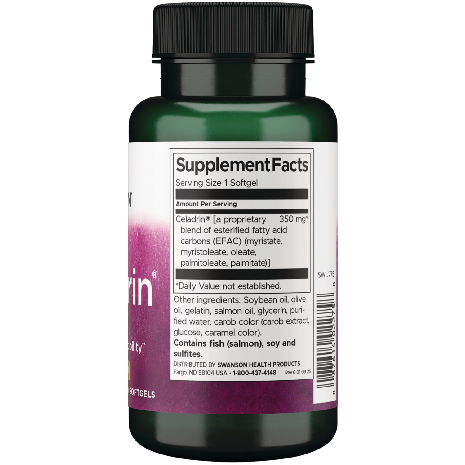 SWU275 | Back label with Supplement Facts, ingredients, and allergen info