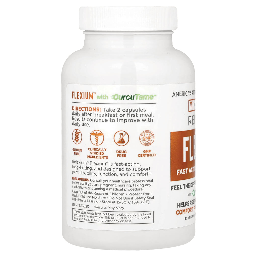 REL006 | back of white supplement bottle label with directions and icons for gluten free, drug free, and GMP certified - Thumbnail