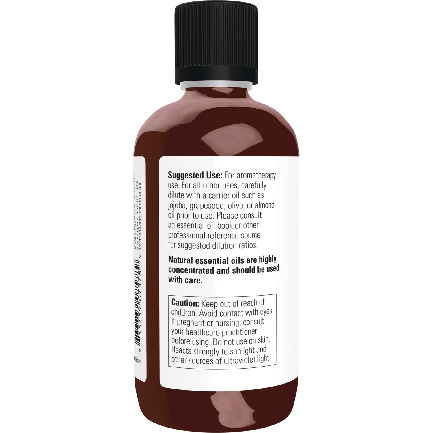 NWF501 | back of brown essential oil bottle showing suggested use instructions and caution label