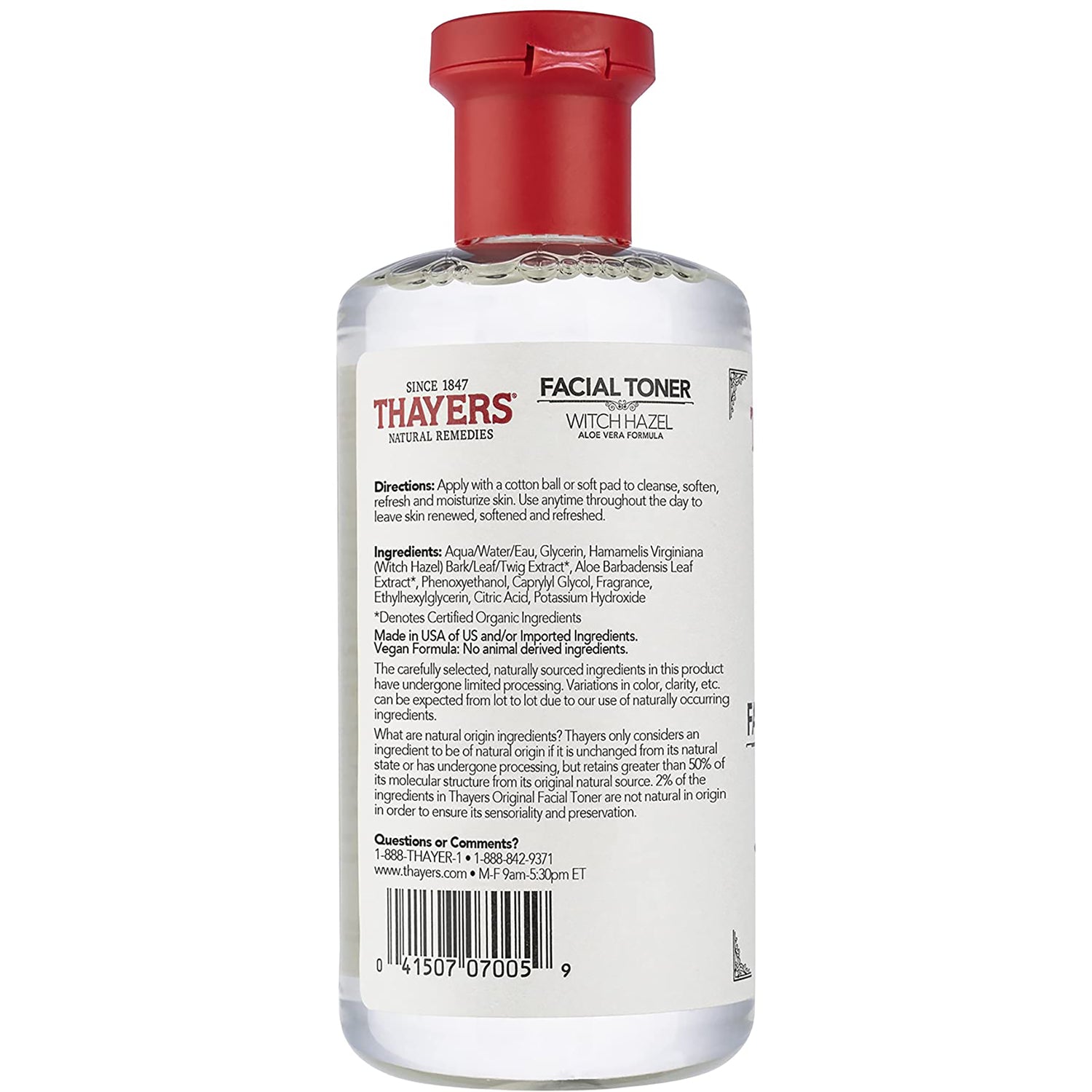 THA021 | Back label of Thayers Facial Toner Witch Hazel Aloe Vera Formula with directions, ingredients, and barcode