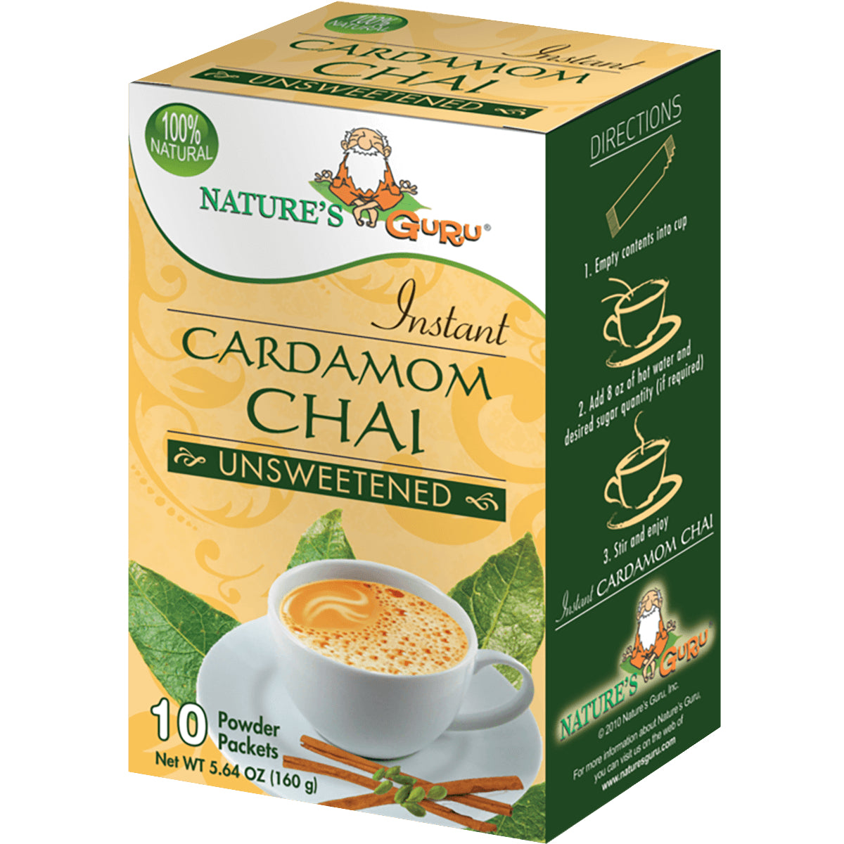 NSG004 | Nature's Guru Instant Cardamom Chai unsweetened box showing cup and 10 powder packets