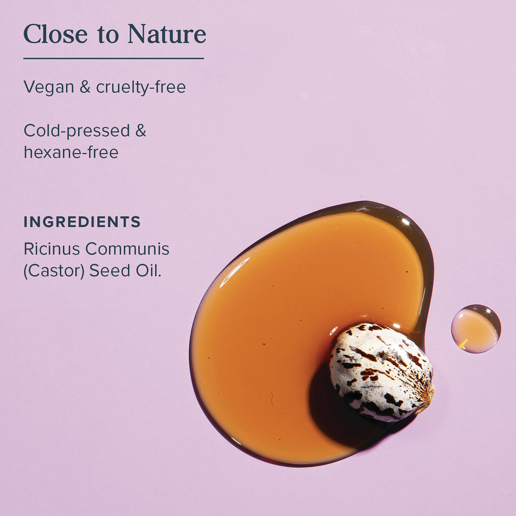 HTG104 | Product infographic showing castor seed and a pool of oil on pink background with text Close to Nature and INGREDIENTS Ricinus Communis (Castor) Seed Oil - Thumbnail