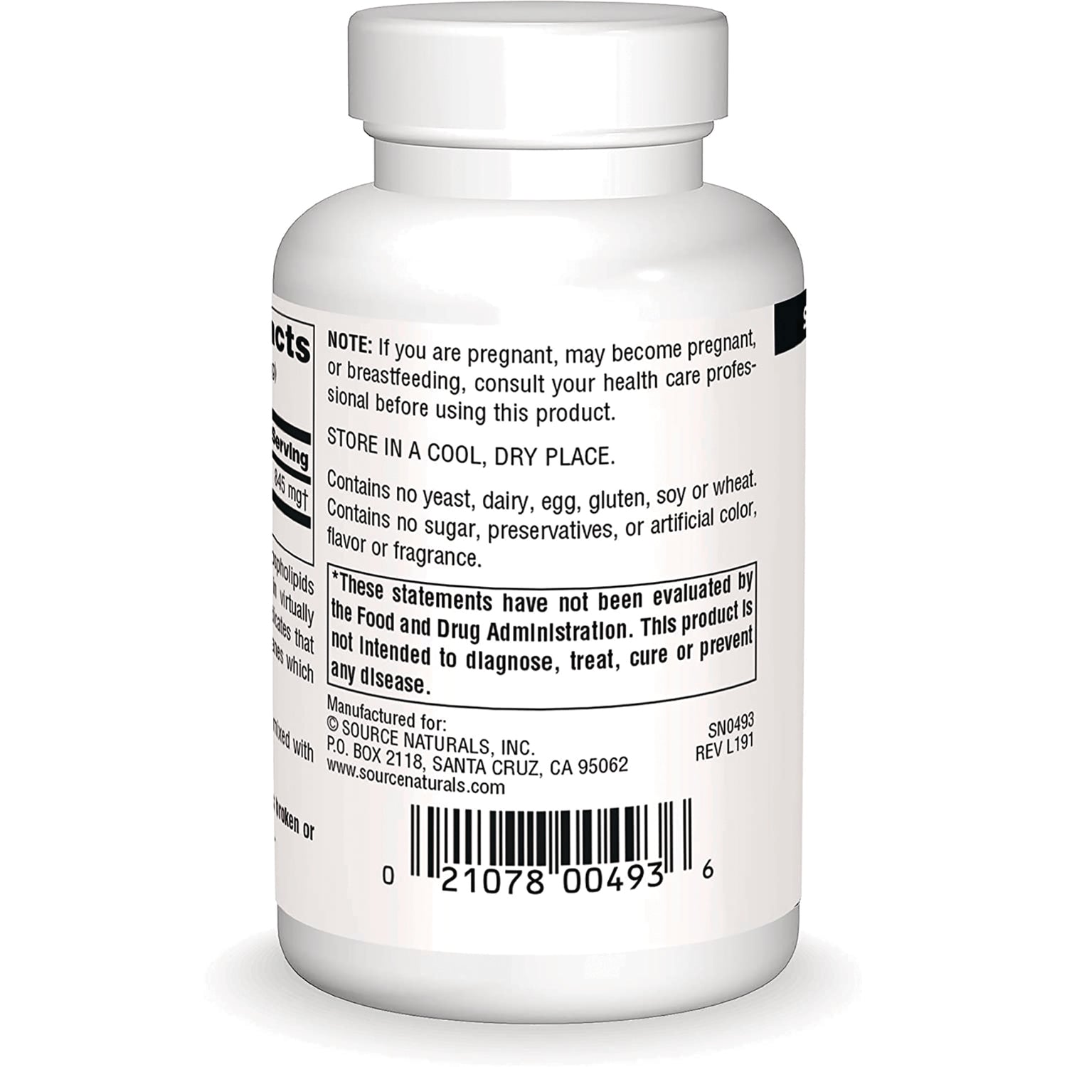 SN882 | Supplement bottle back label with warning, storage instructions, allergen-free claim, and barcode