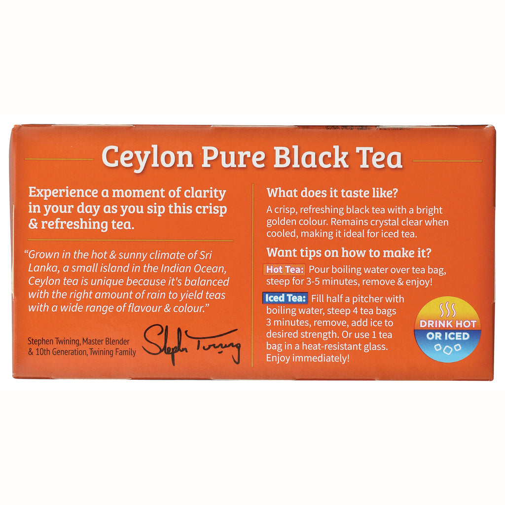 TWN005 | Back of Twinings Ceylon Pure Black Tea box with taste notes, brewing tips, and Drink Hot or Iced callout - Thumbnail