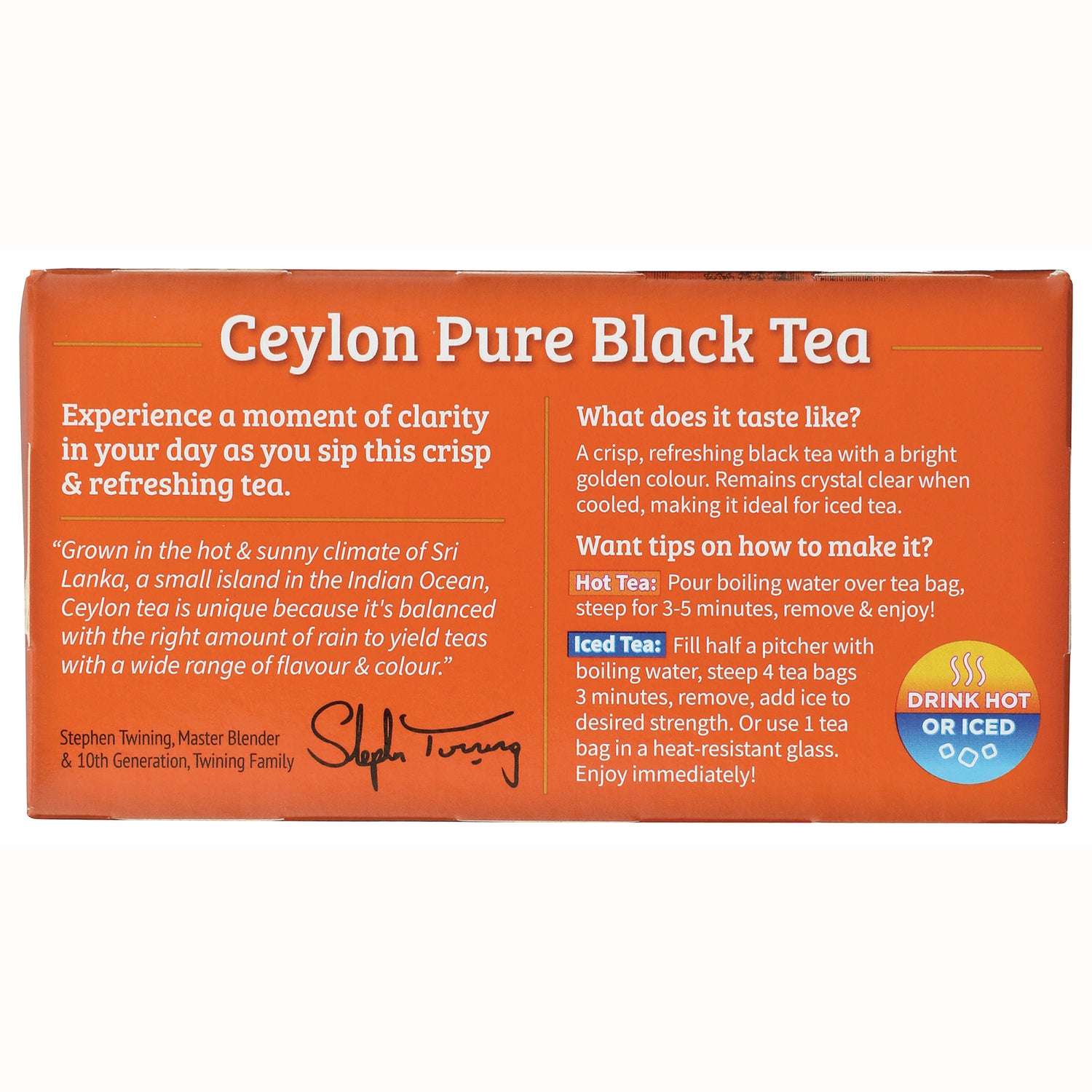 TWN005 | Back of Twinings Ceylon Pure Black Tea box with taste notes, brewing tips, and Drink Hot or Iced callout