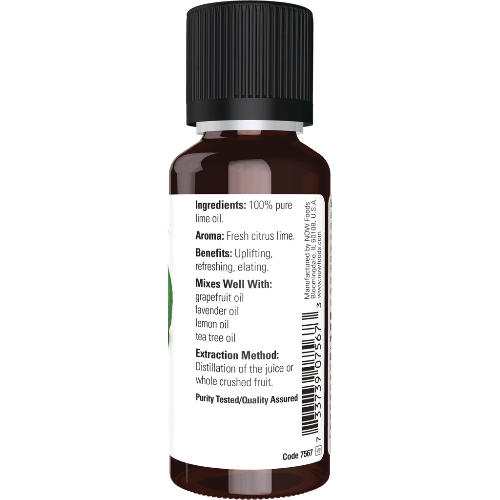 NWF490 | Back label of brown essential oil bottle showing Ingredients 100% pure lime oil, aroma, benefits, mixes well with, extraction method and barcode - Thumbnail