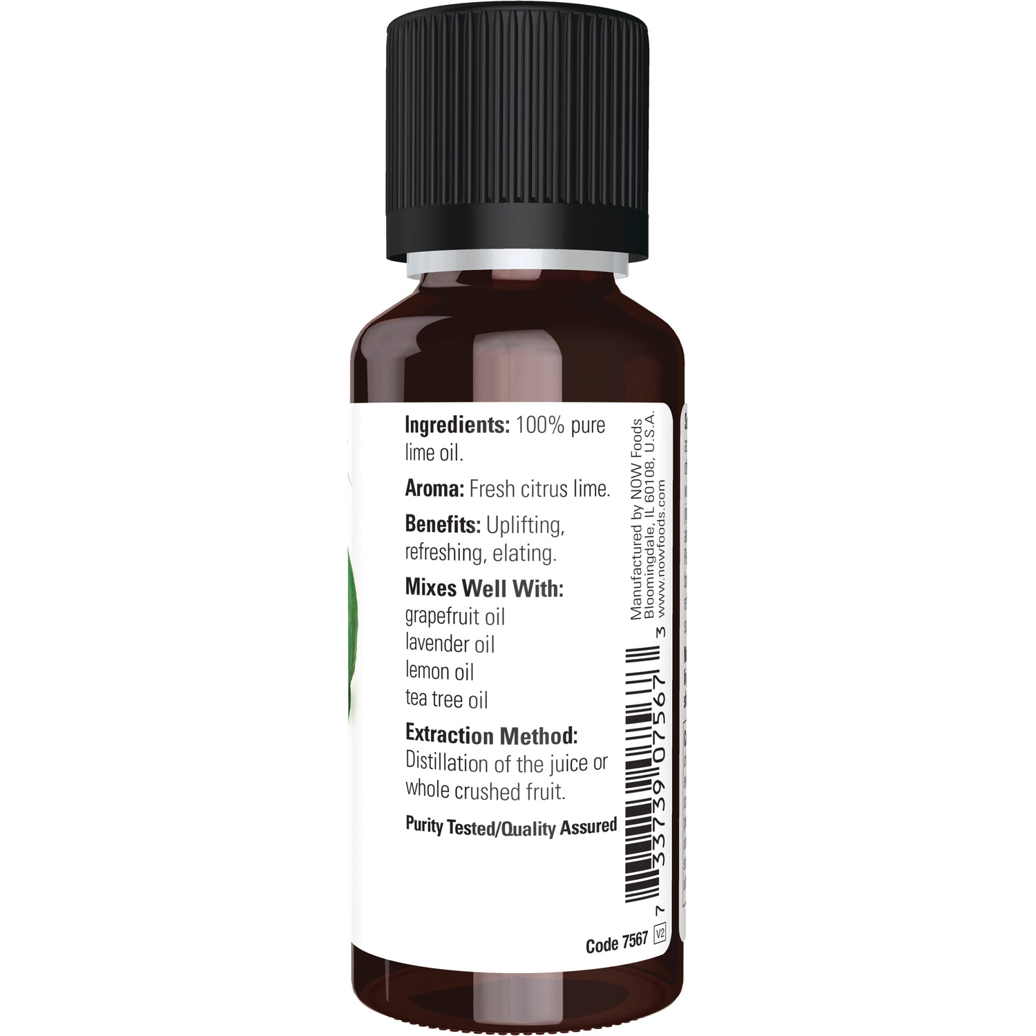 NWF490 | Back label of brown essential oil bottle showing Ingredients 100% pure lime oil, aroma, benefits, mixes well with, extraction method and barcode