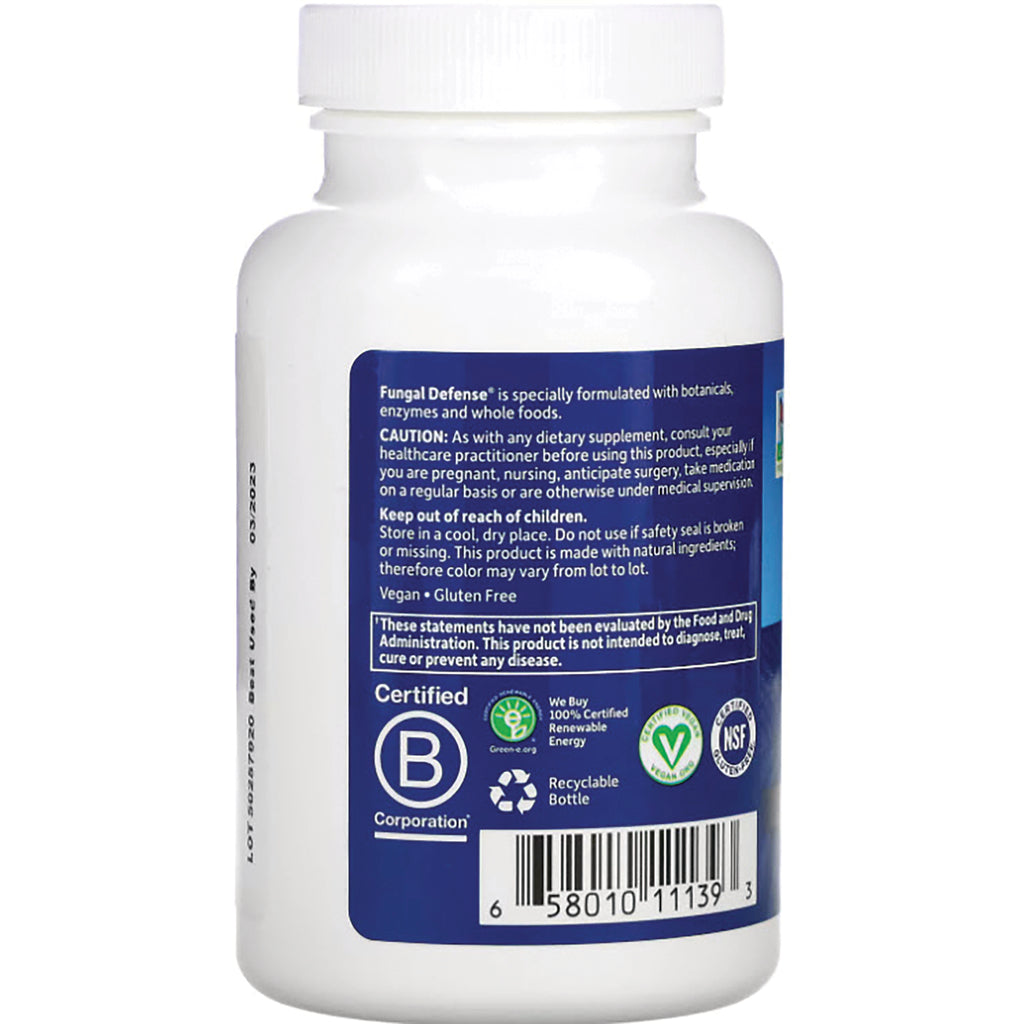 GLF007 | Back label of white supplement bottle reading Fungal Defense with caution text, certifications, and barcode - Thumbnail
